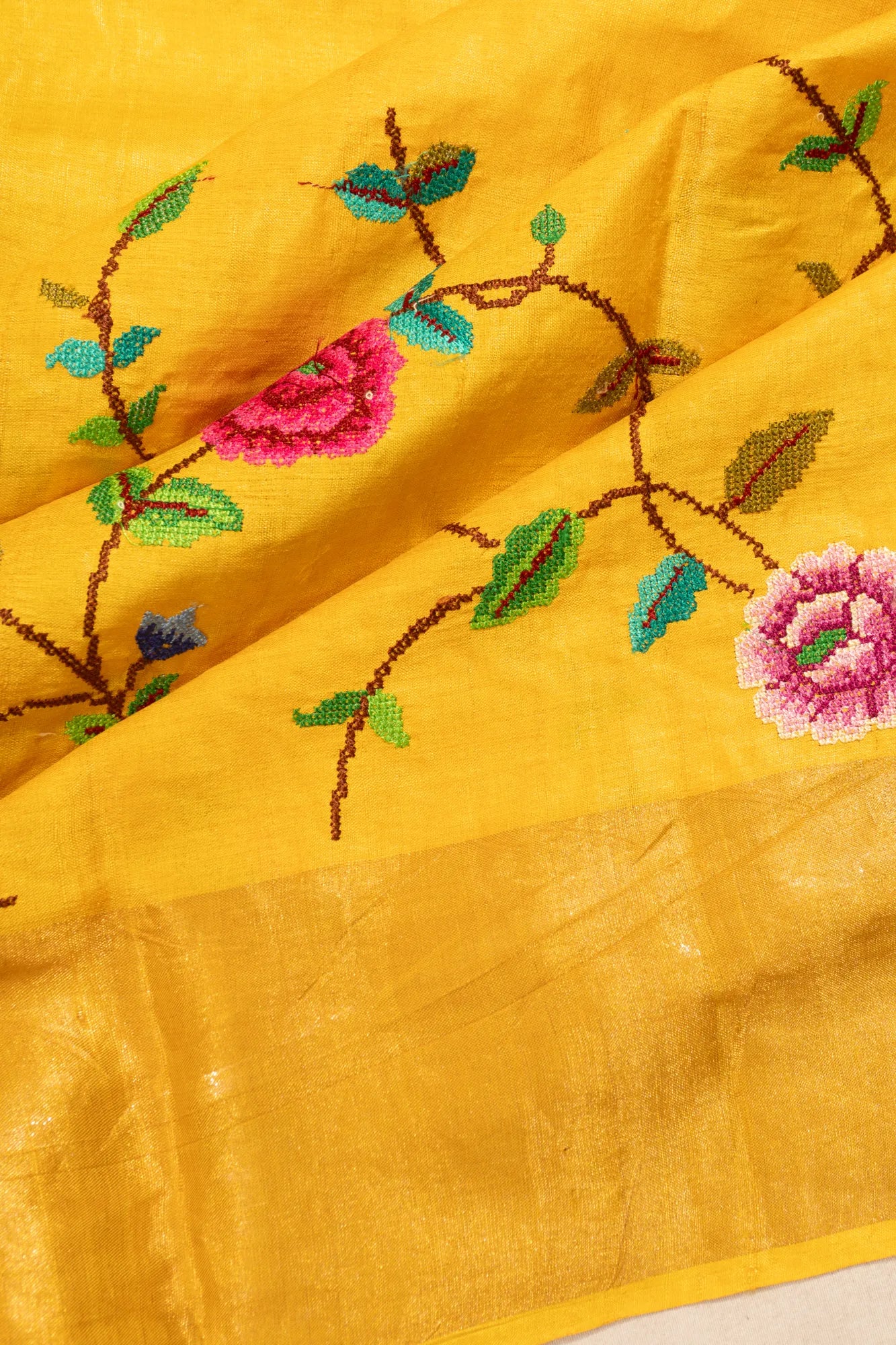 Tussar Floral Embroidery Yellow Saree