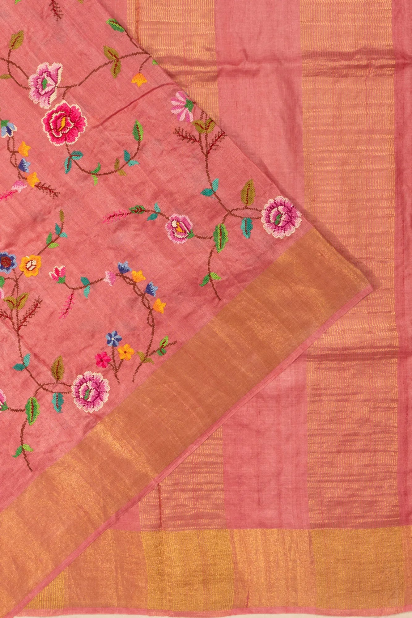 Tussar Floral Embroidery Baby Pink Saree