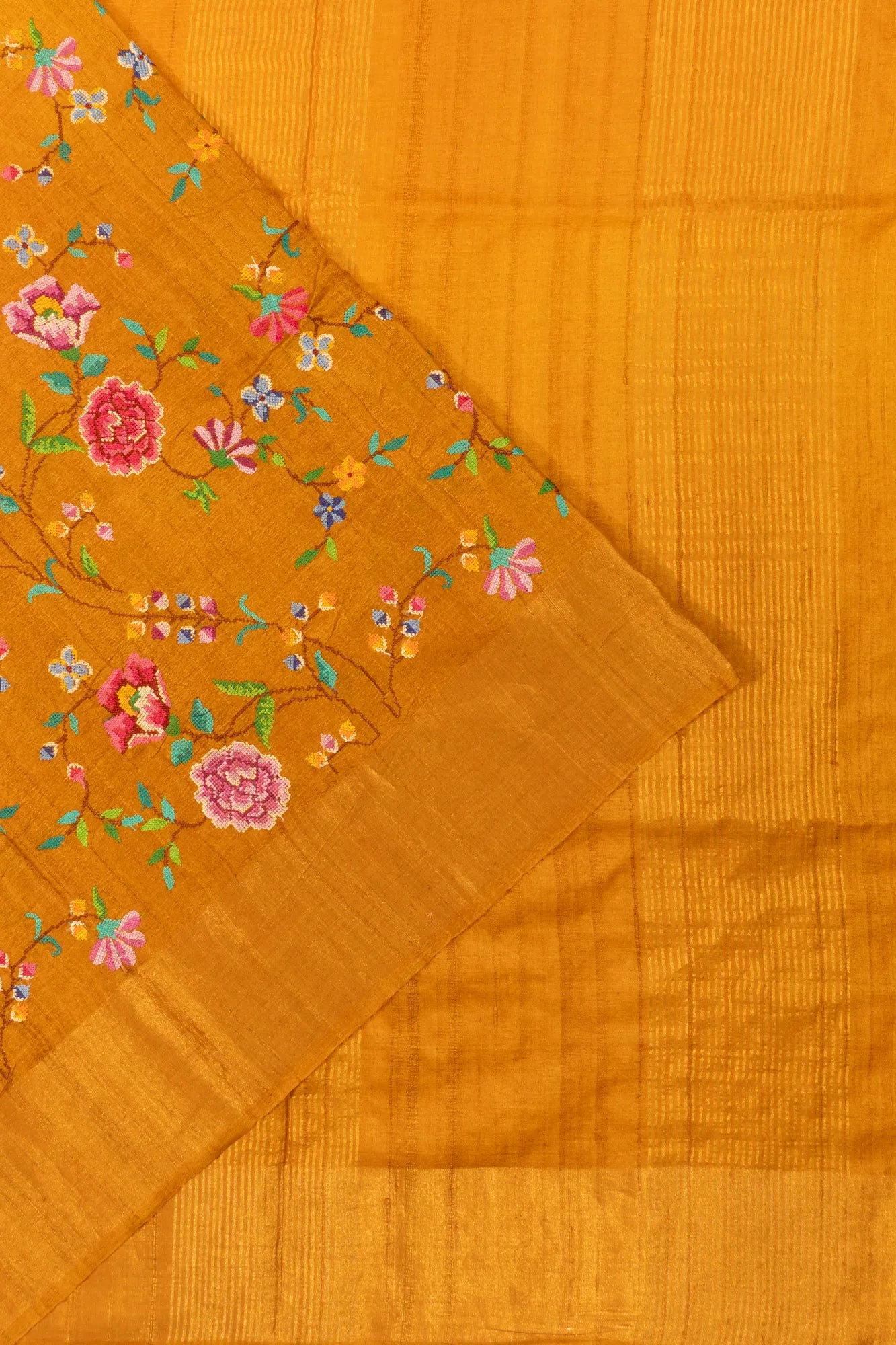 Tussar Floral Embroidery Mustard Yellow Saree