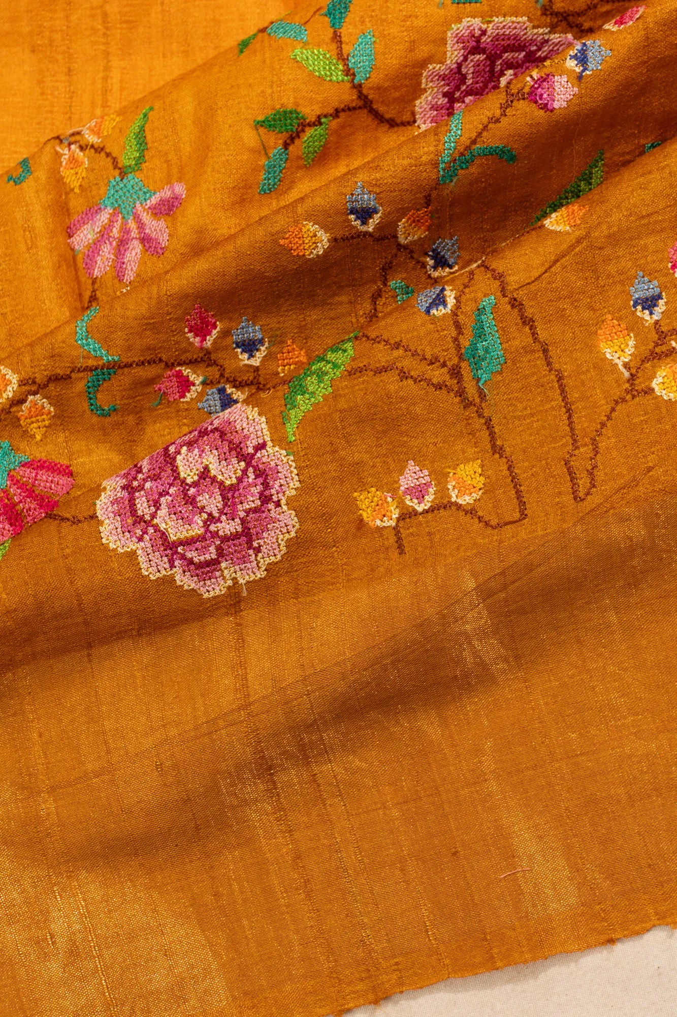 Tussar Floral Embroidery Mustard Yellow Saree