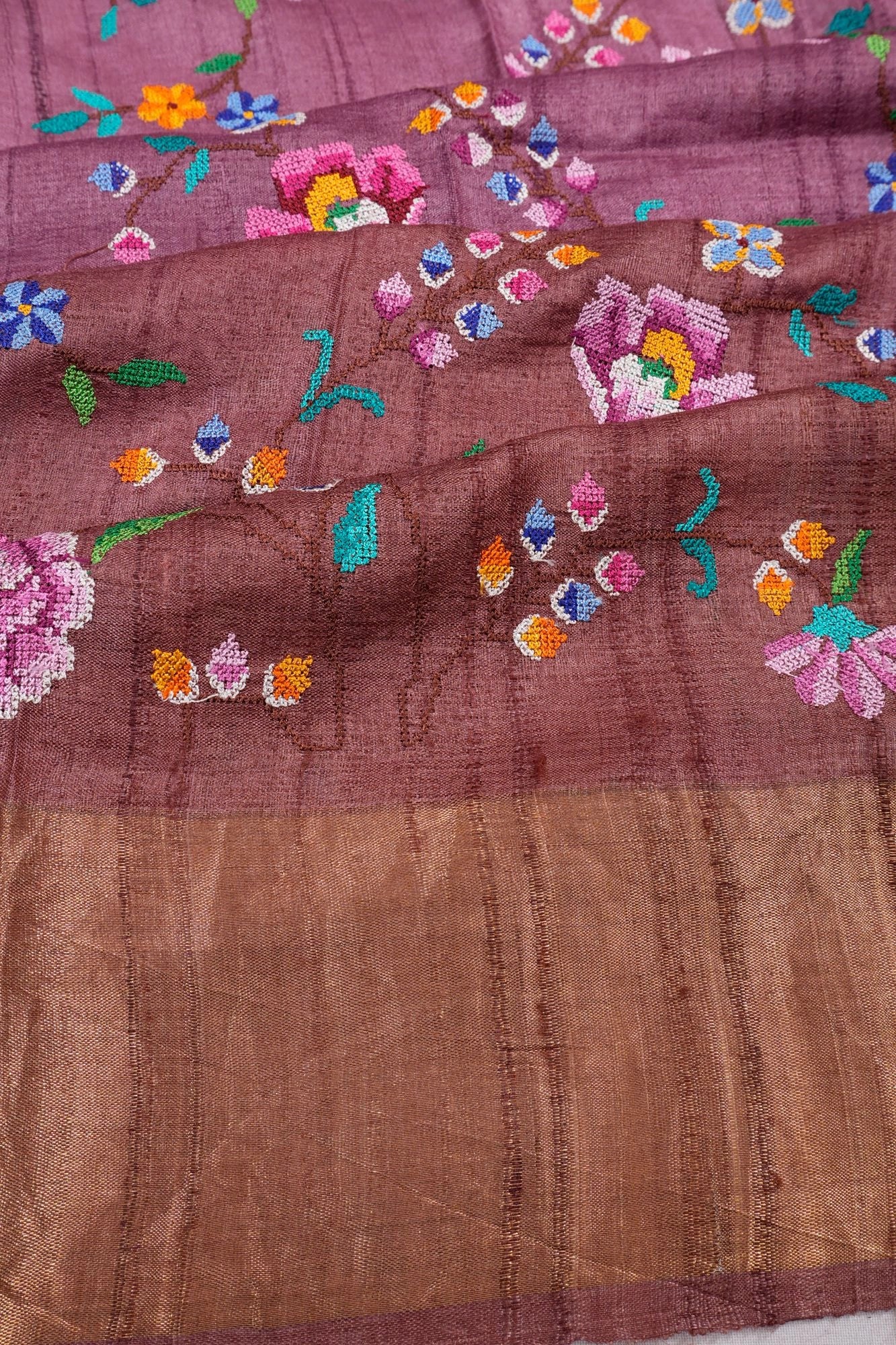 Tussar Half-n-Half Embroidery Pink And Brown Saree