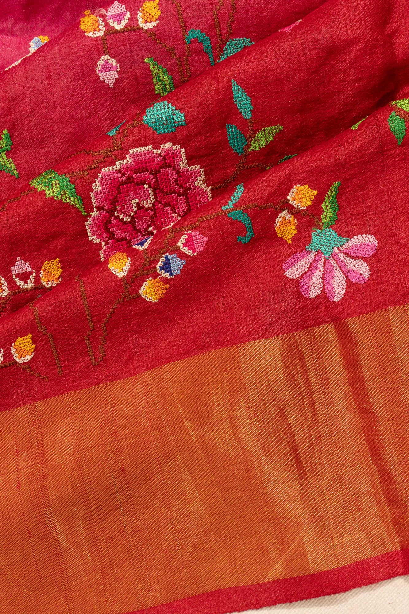 Tussar Floral Embroidery Red Saree
