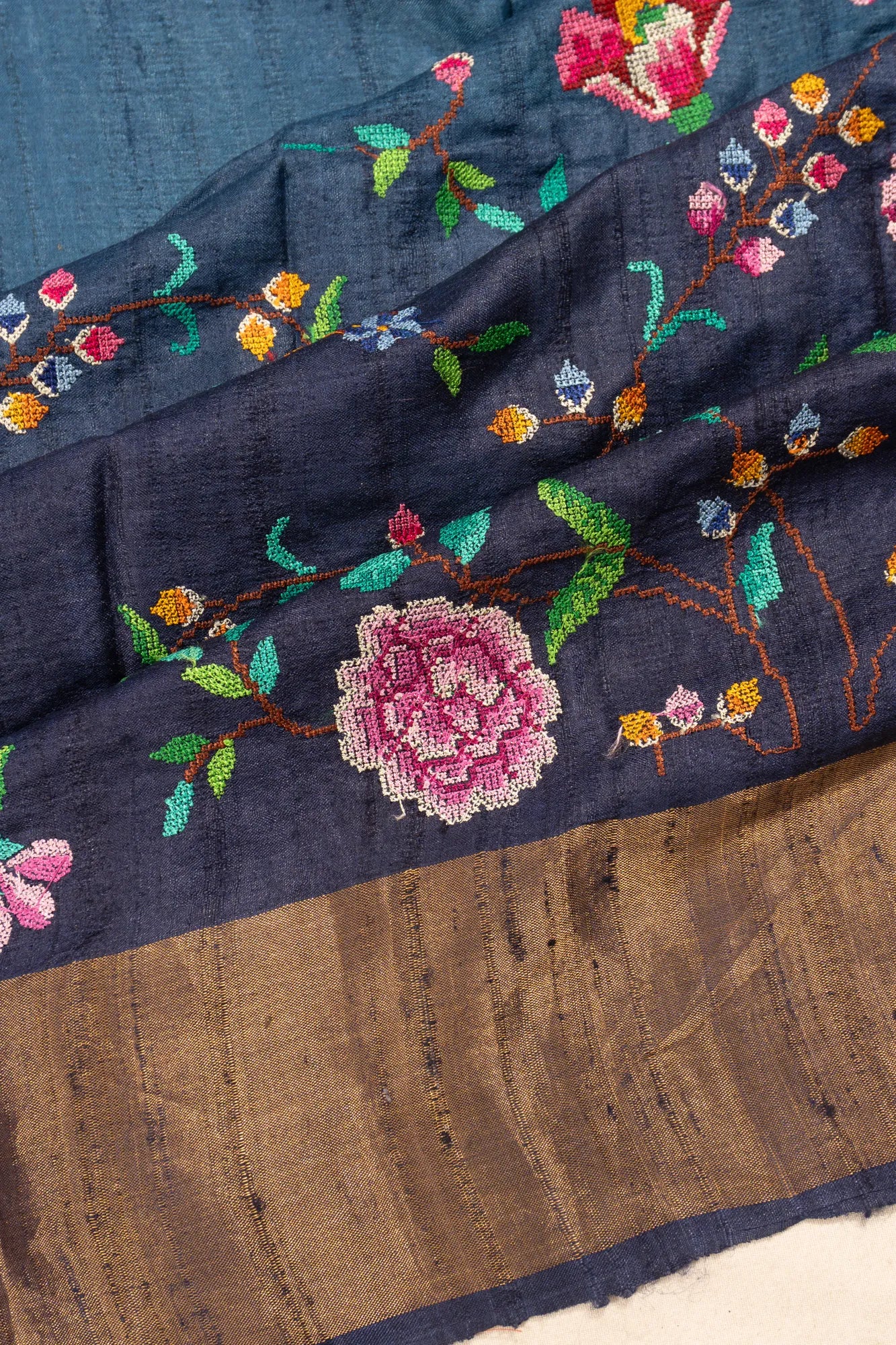 Tussar Floral Embroidery Dual Tone Blue Saree