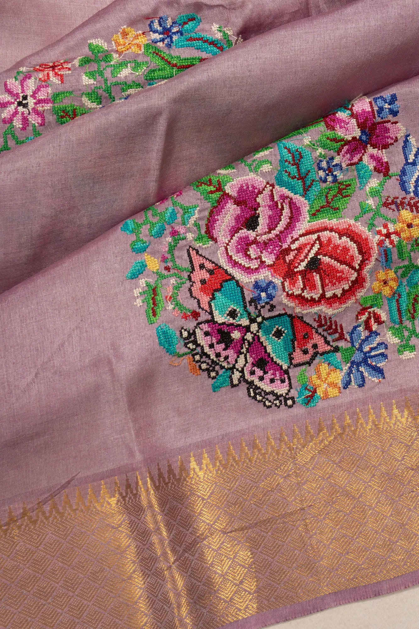 Tussar Floral Embroidery Lavender Saree