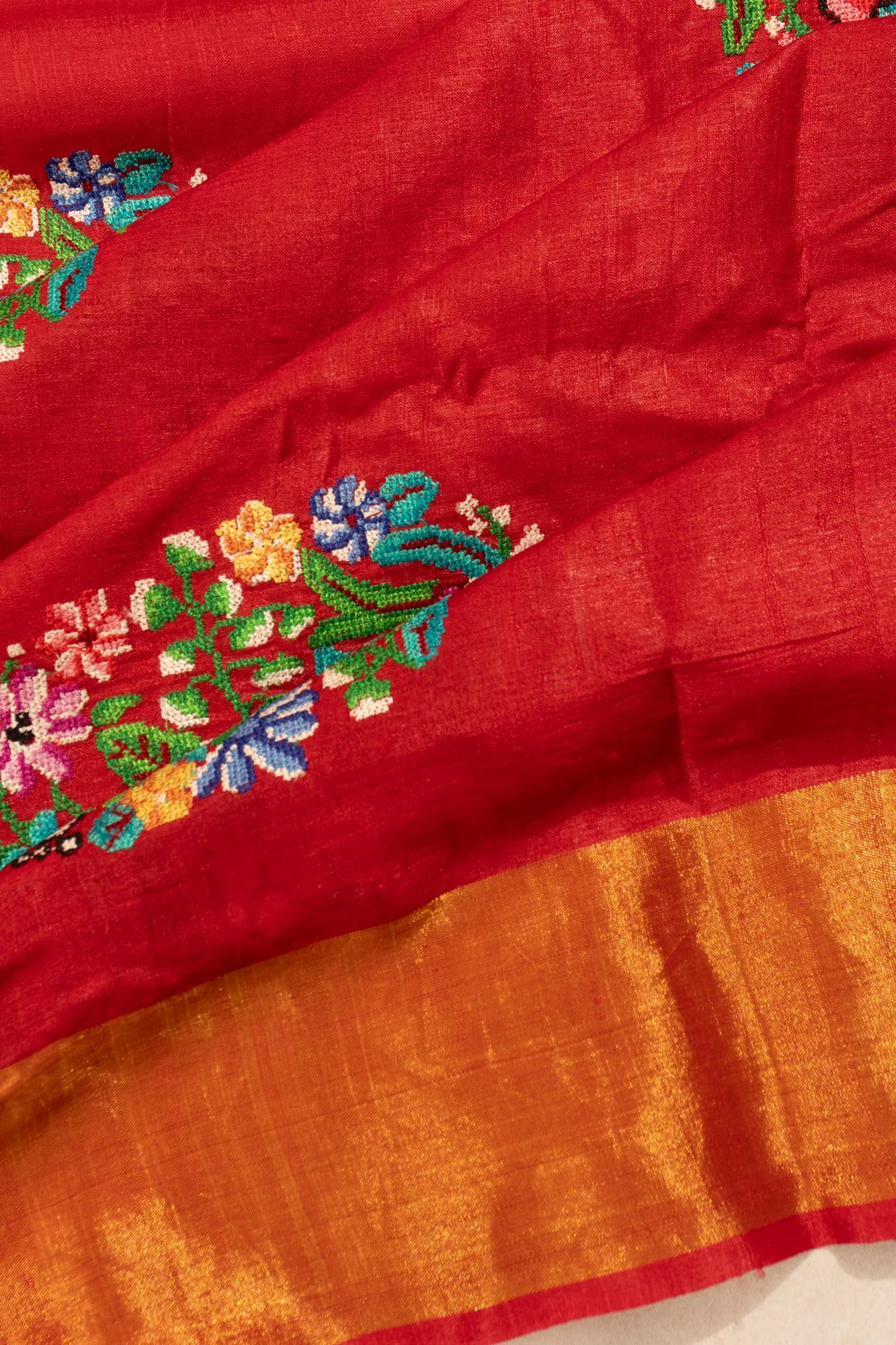 Tussar Floral Embroidery Red Saree