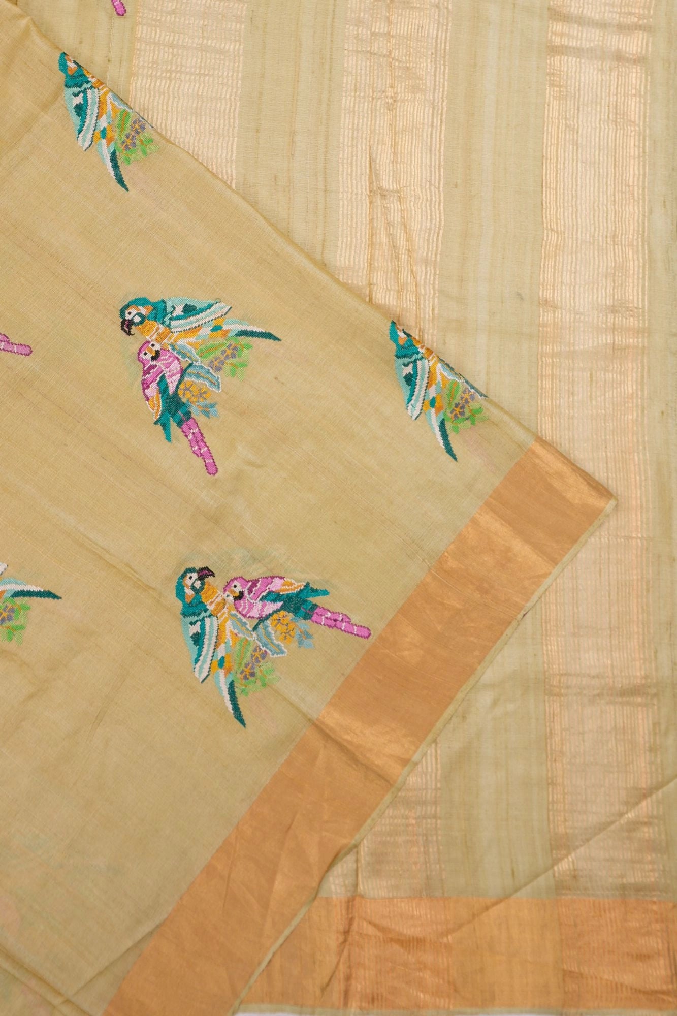 Tussar Embroidery Butta Cream Saree