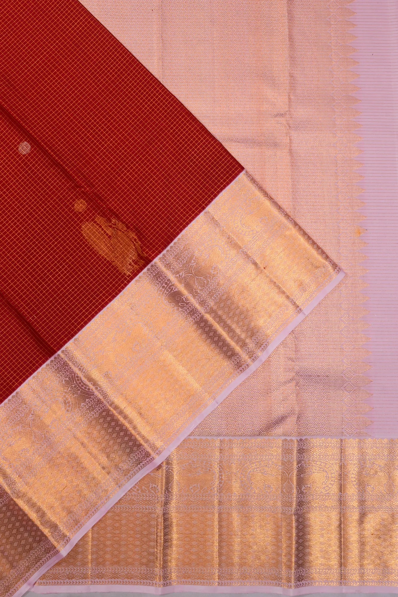 Kanchipuram Silk Checks And Butta Red Saree
