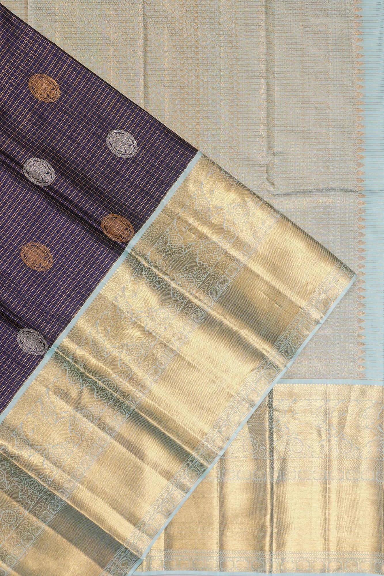 Classic Kanchipuram Silk Checks And Butta Dark Blue Saree