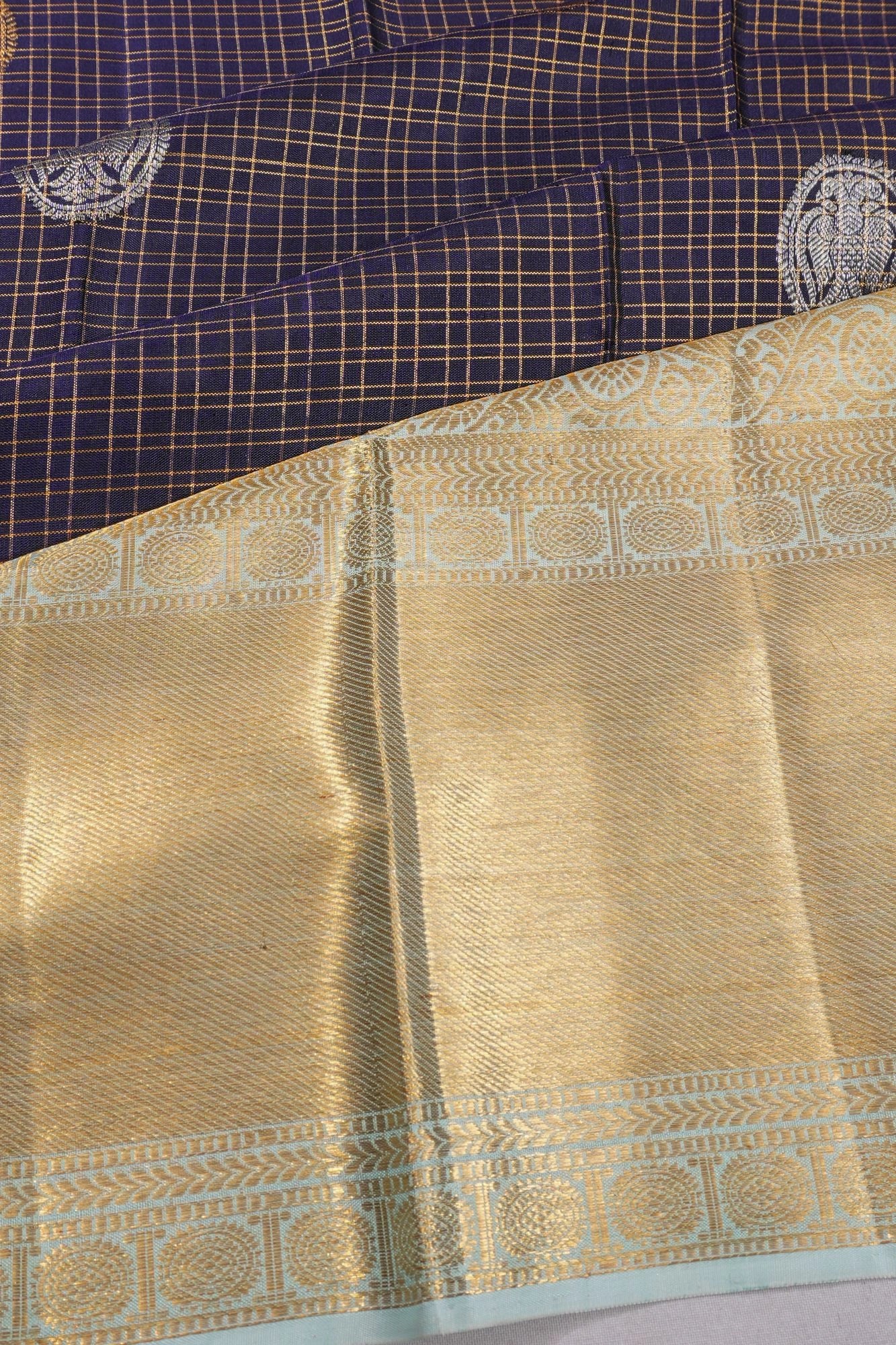 Classic Kanchipuram Silk Checks And Butta Dark Blue Saree