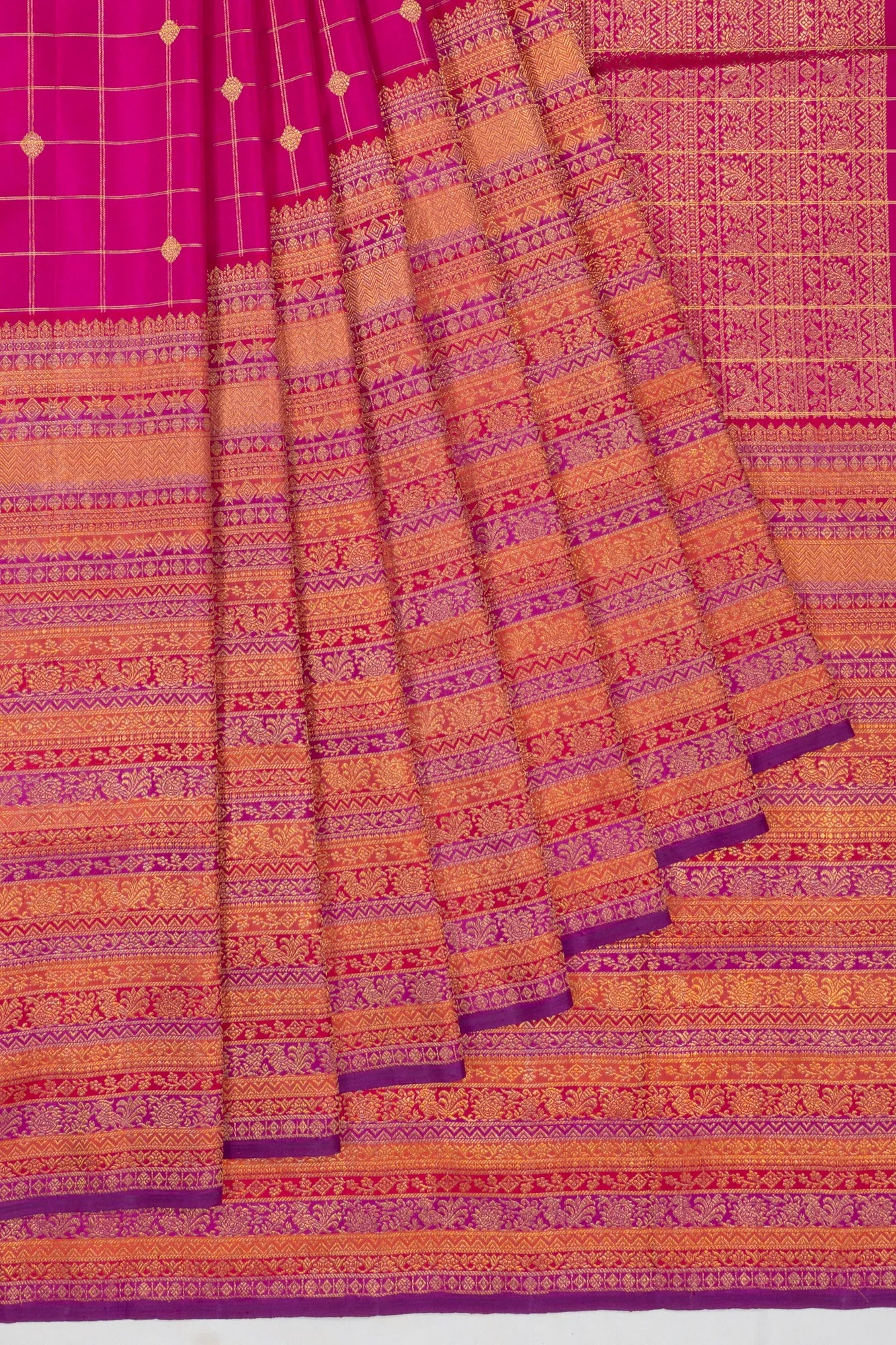Kanchipuram Silk Checks And Butta Rani Pink Saree With Very Big Border