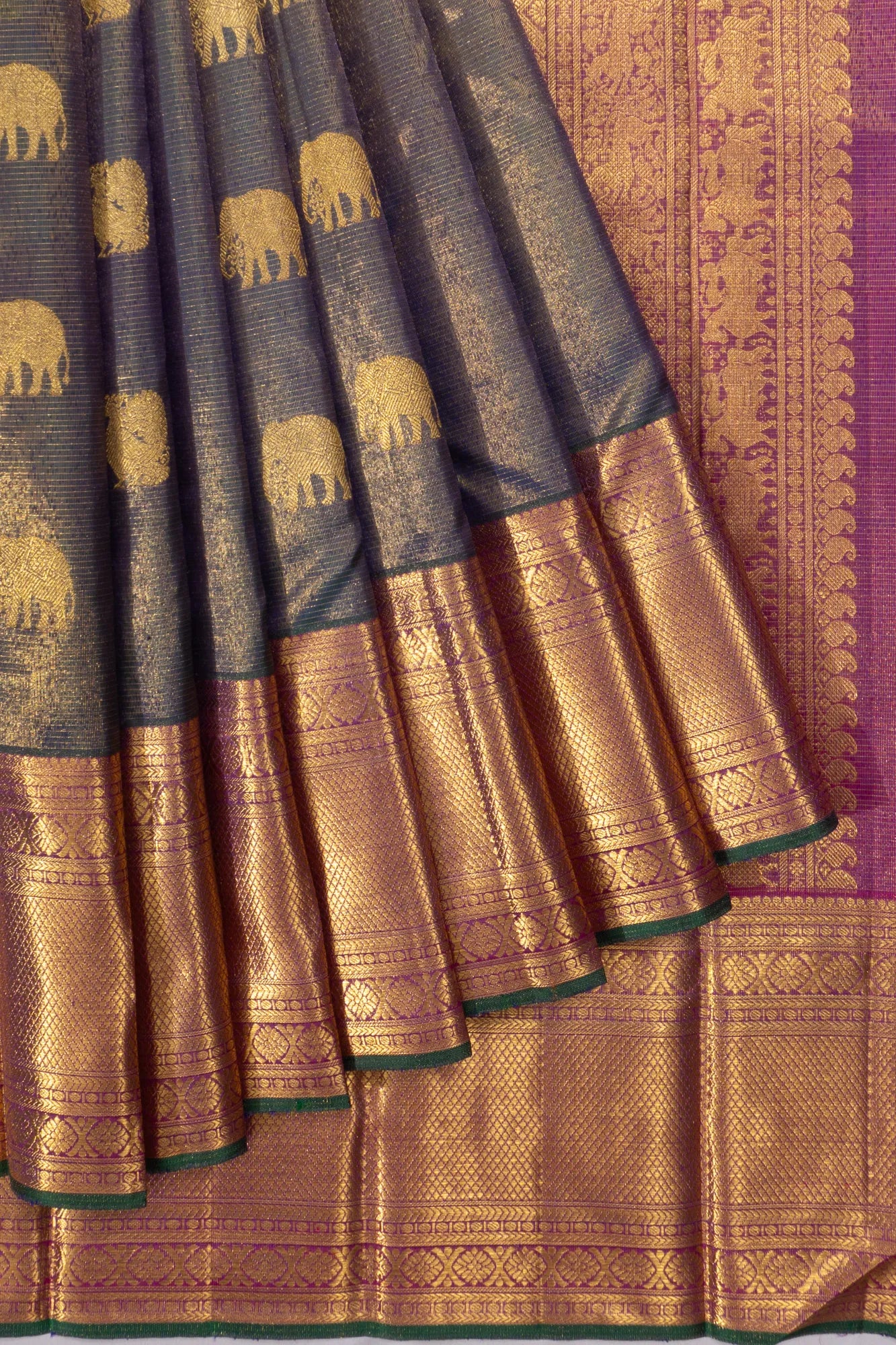 Kanchipuram Silk Tissue Oosi Lines And Butta Dual Tone Green And Blue Saree