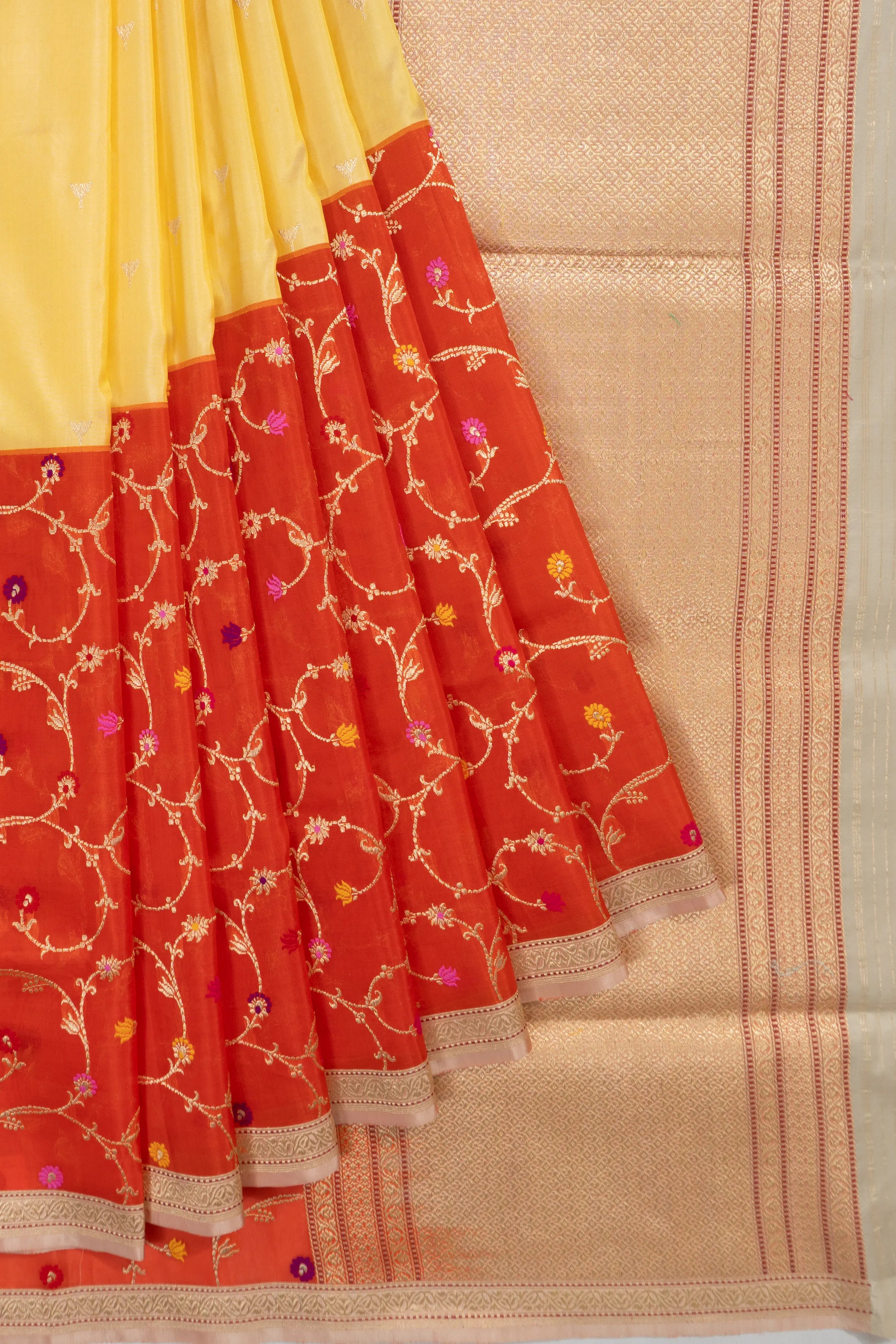 Banarasi Silk Half And Half Border Butta Yellow And Red Saree