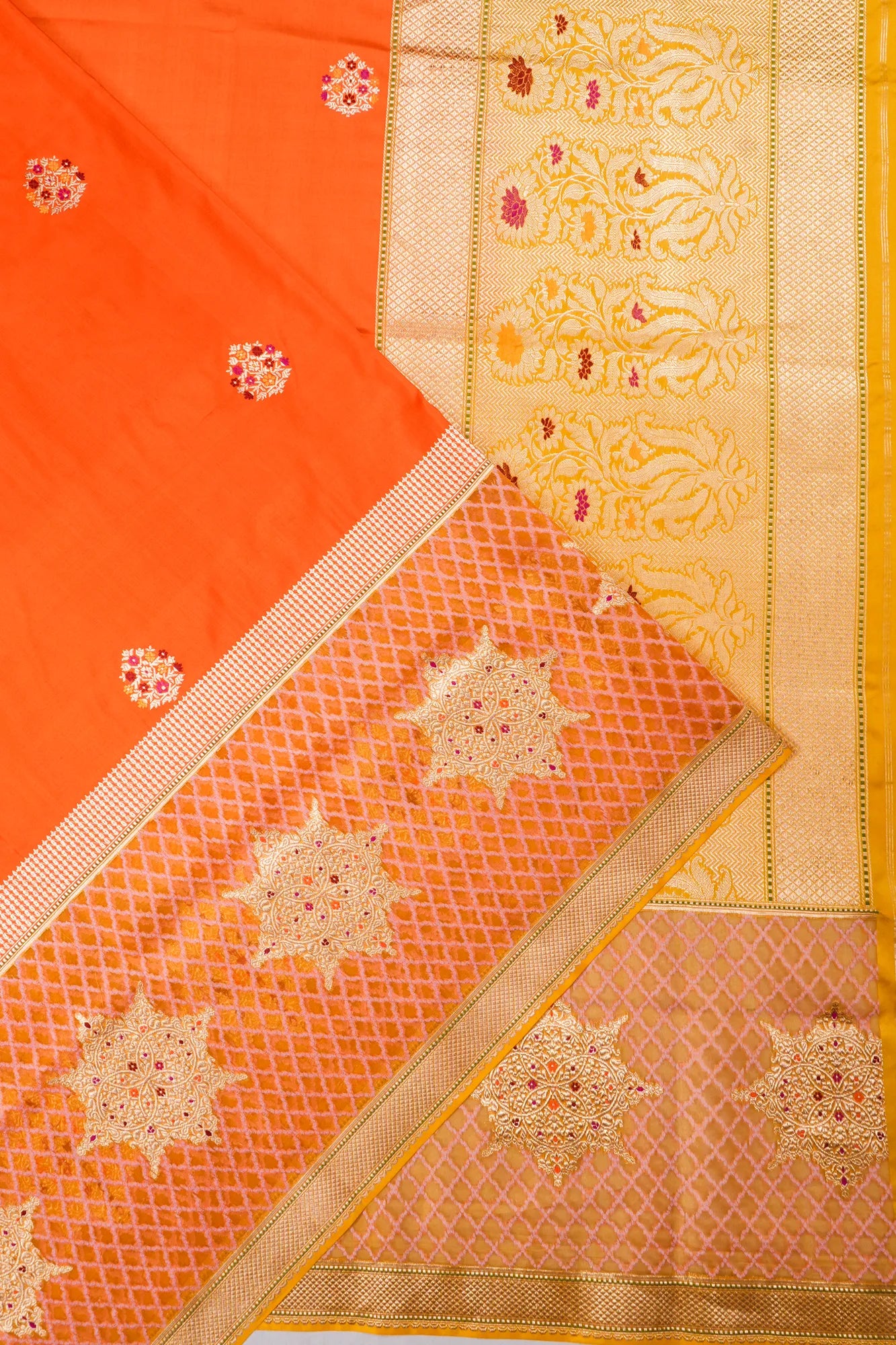 Banarasi Silk Kadwa Butta Orange Saree With Kora Border