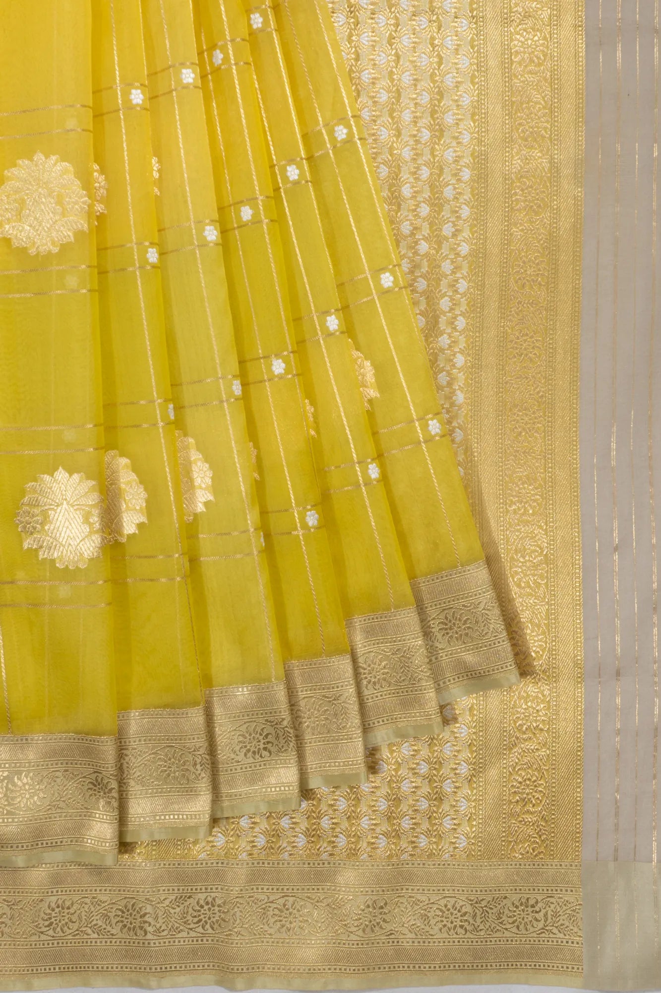 Banarasi Kora Organza Checks Half And Half Yellow Saree