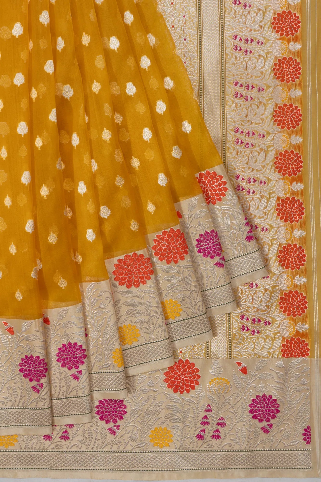 Banarasi Kora Organza Butta Yellow Saree With Silk Border