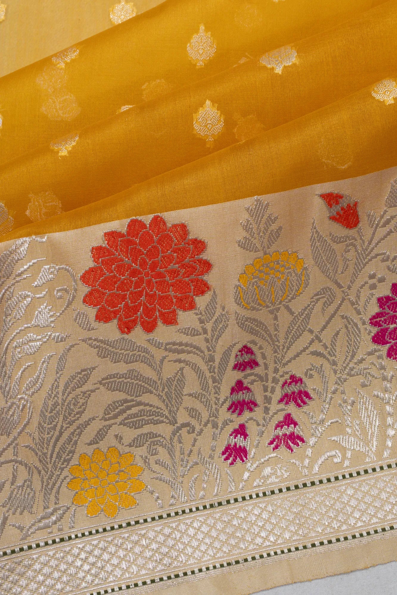 Banarasi Kora Organza Butta Yellow Saree With Silk Border