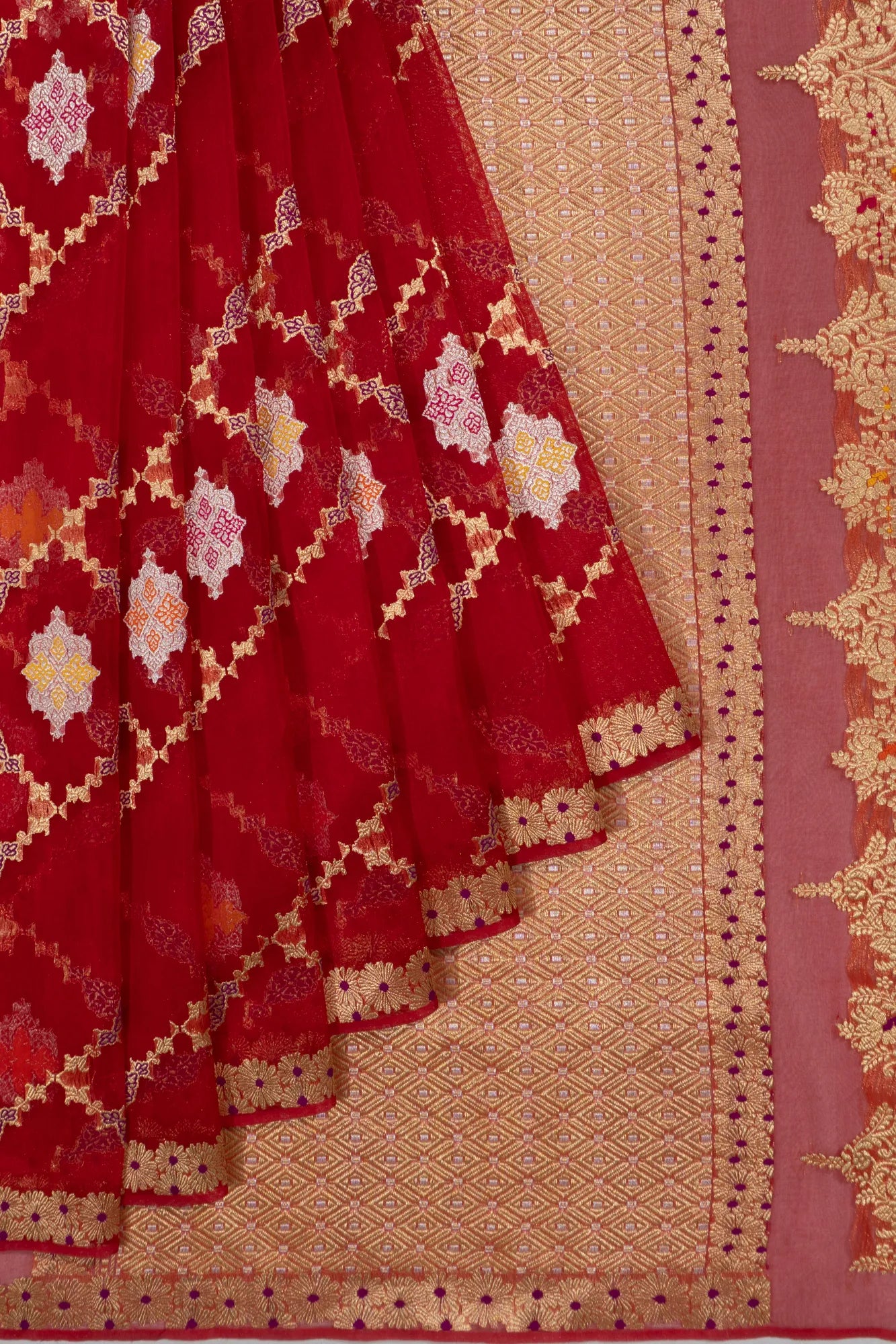 Banarasi Kora Organza Jaal Geometrical Pattern Red Saree