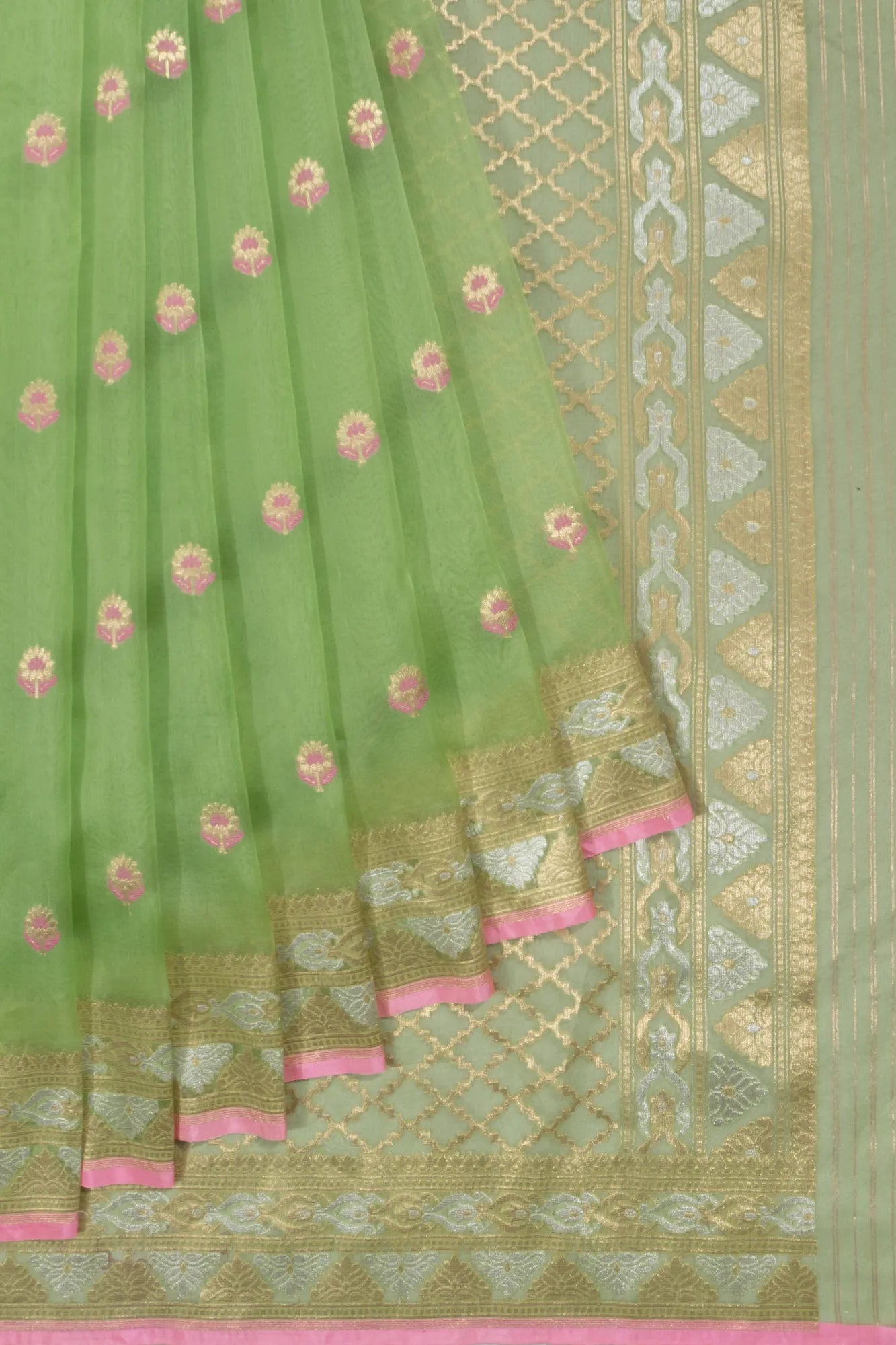 Banarasi Kora Organza Butta Green Saree