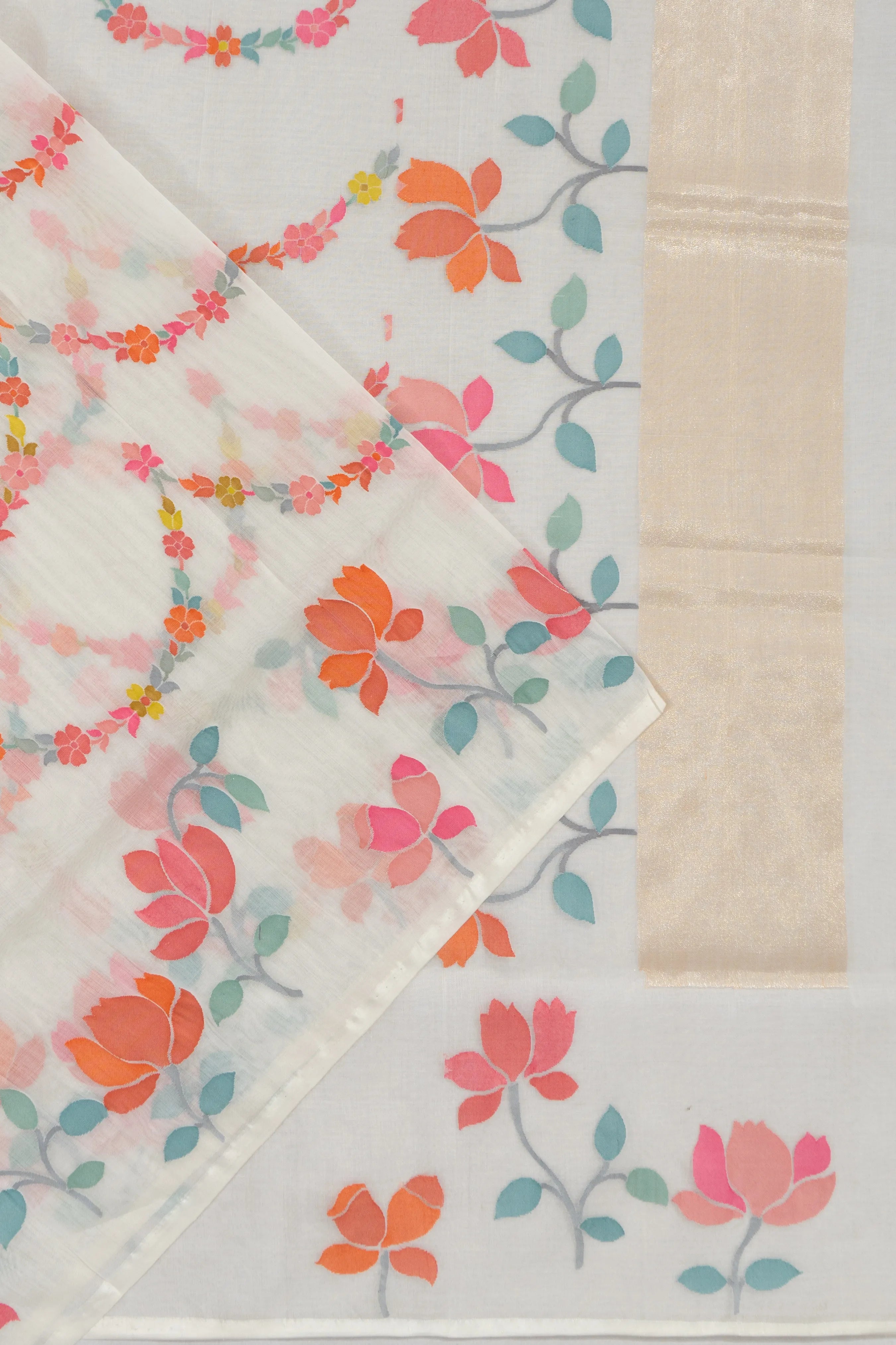 Banarasi Kora Organza Jaal Jamdani Butta White Saree