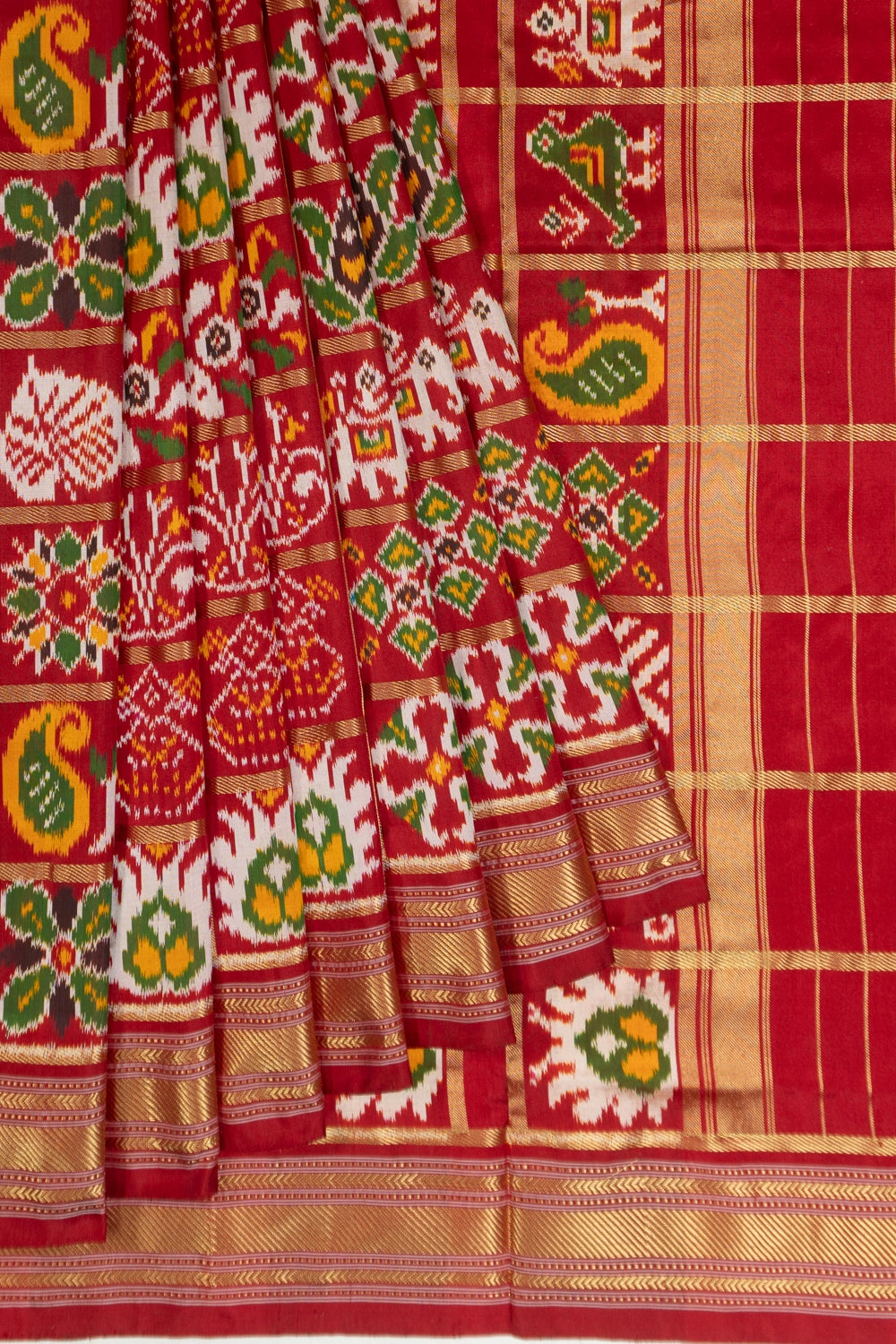 Pochampally Silk Ikat Checks And Butta Floral Red Saree With 16 Motifs