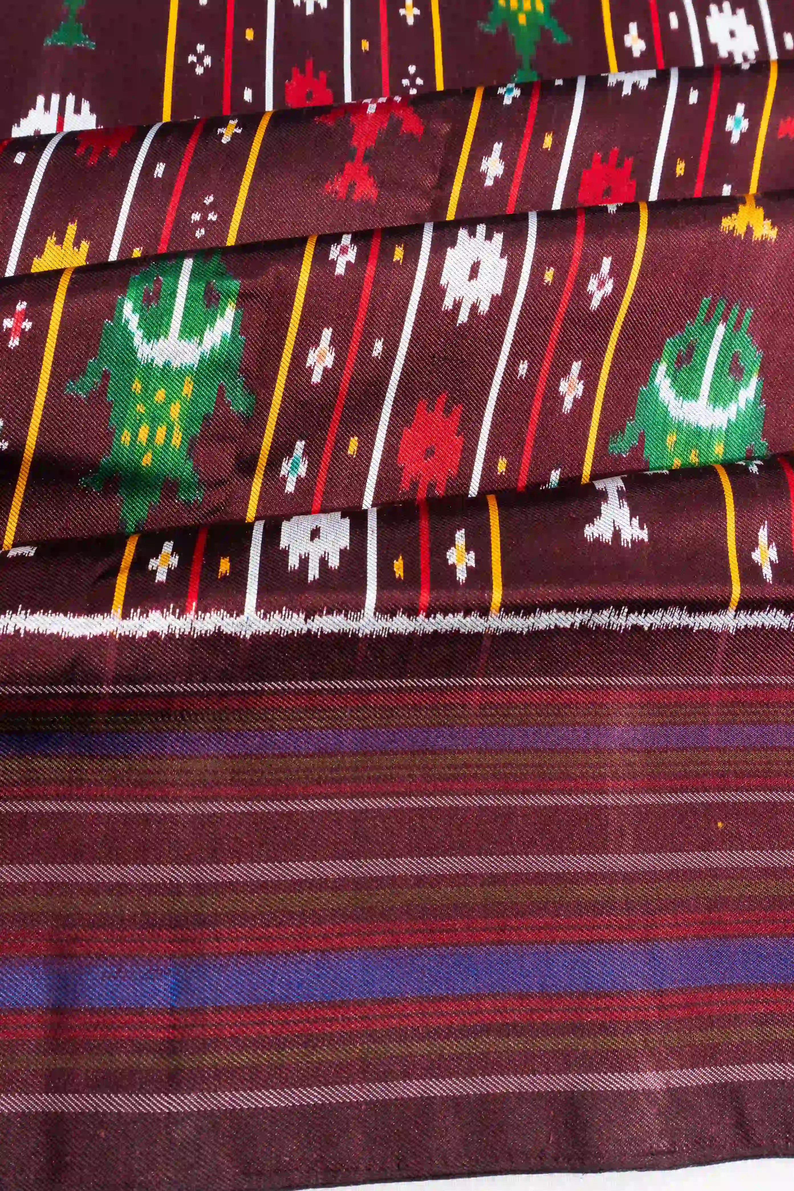 Pochampally Silk Twill Ikat Maroon Saree With Fish Motifs