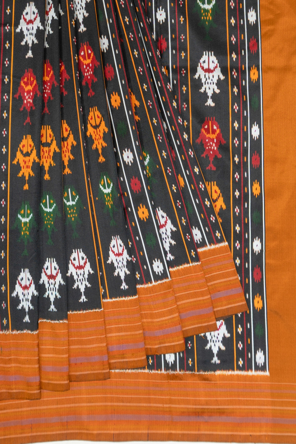 Pochampally Silk Twill Ikat Black Saree With Fish Motifs