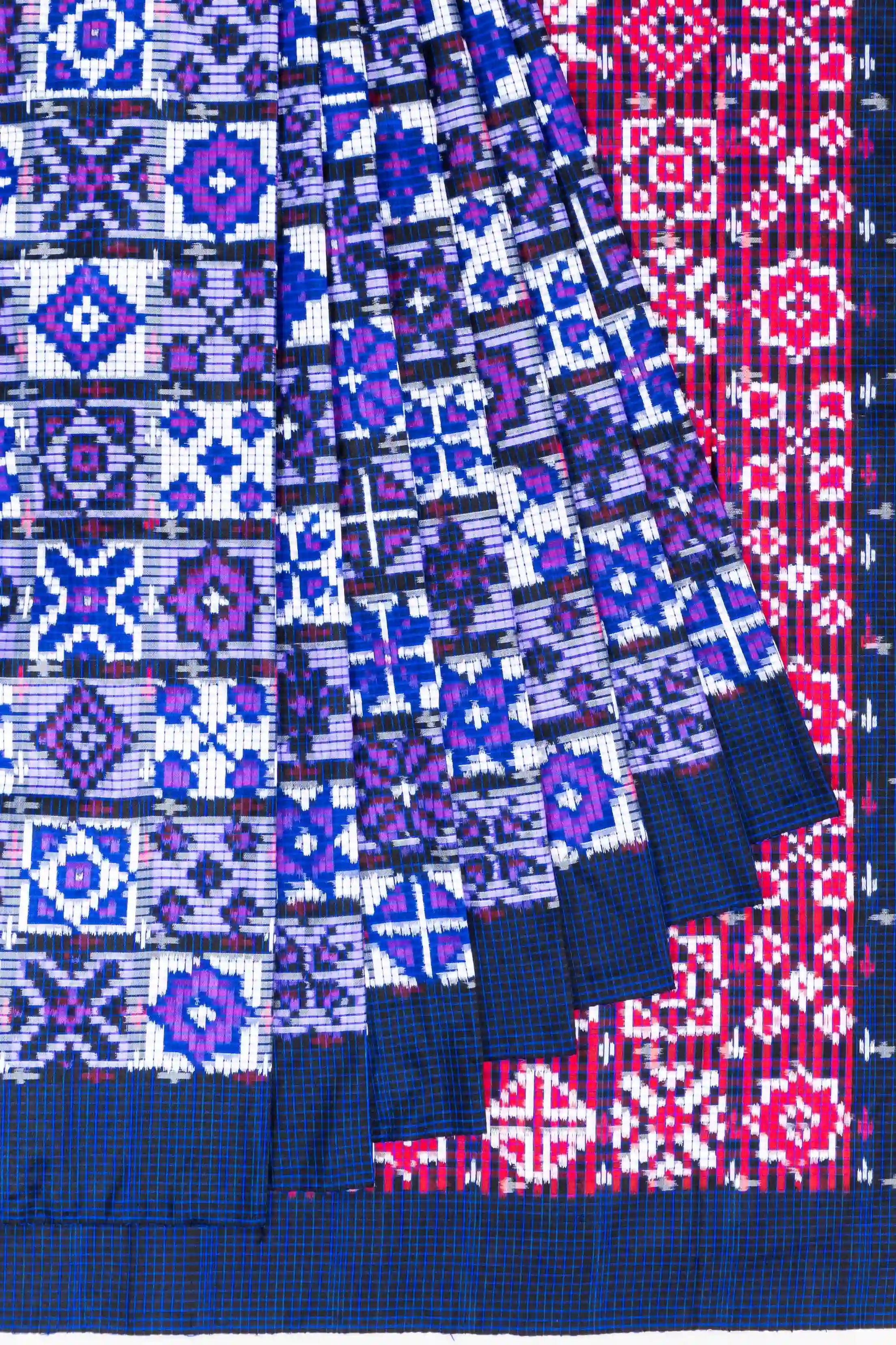 Pochampally Silk Double Ikat Geometrical Pattern Blue Saree With 24 Unique Motifs