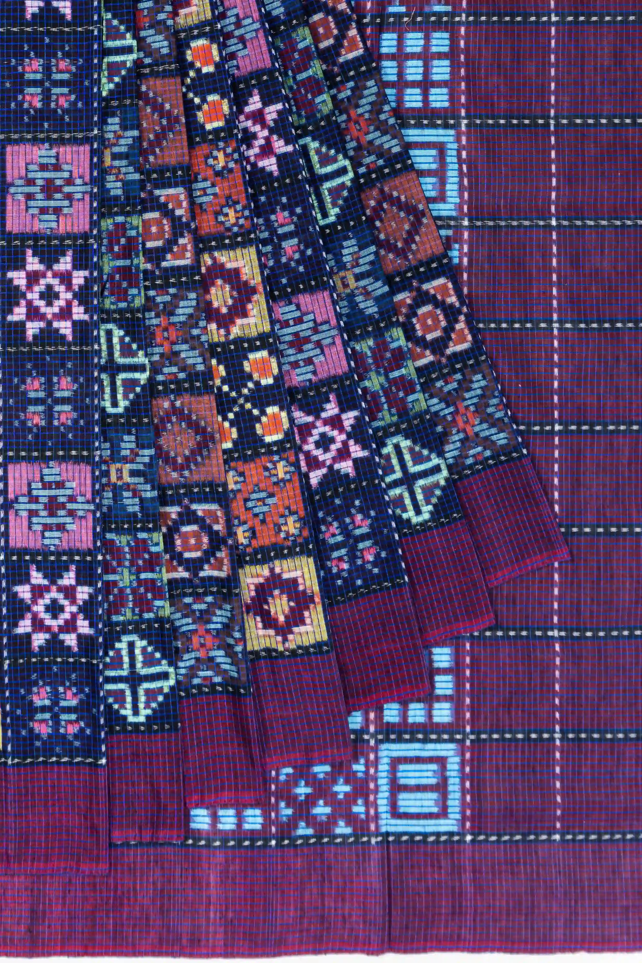 Pochampally Linen Double Ikat Geometrical Pattern Blue Saree With 12 Motifs