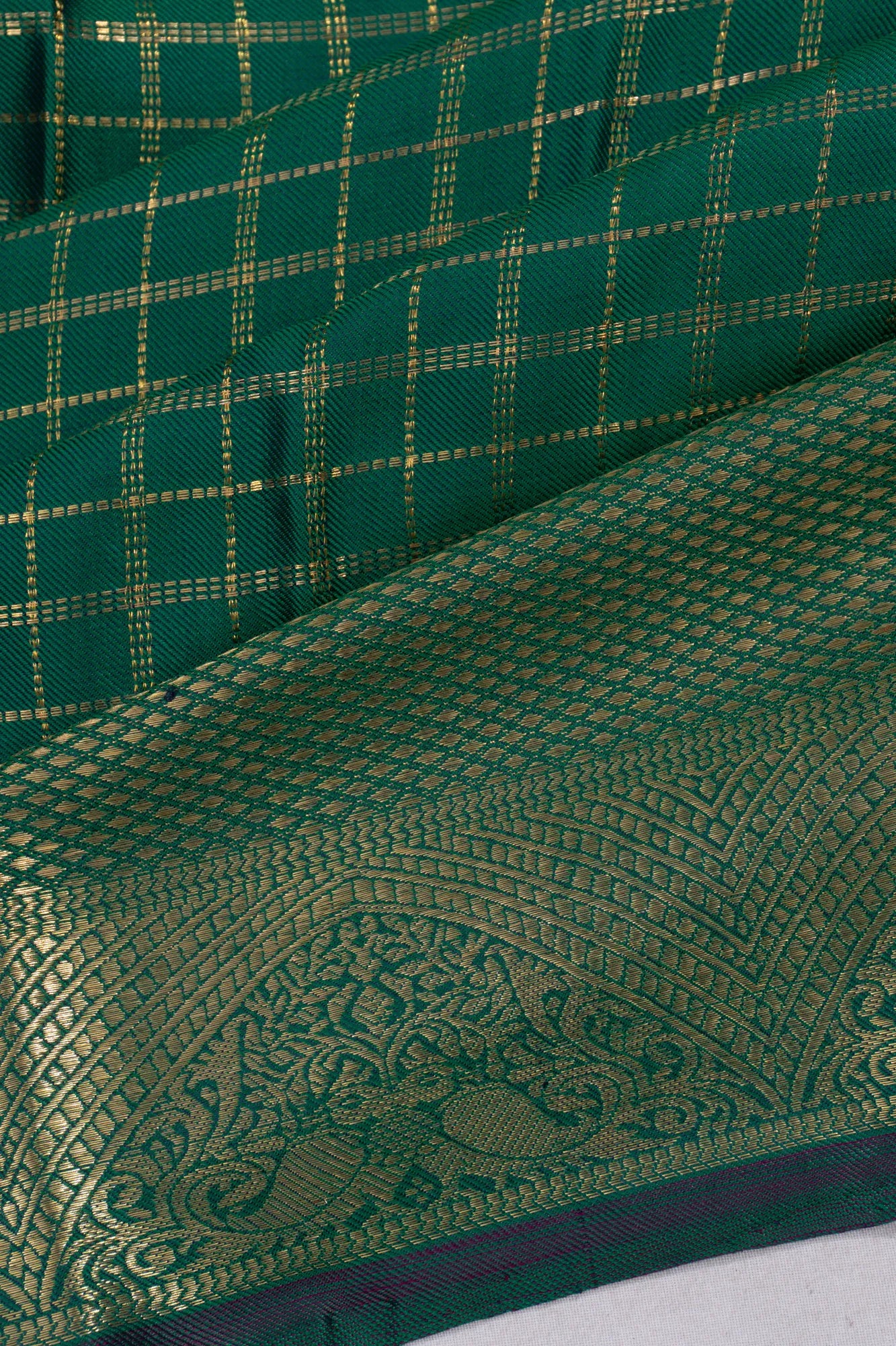 Classic Kanchipuram Silk Twill Checks Dark Green Saree