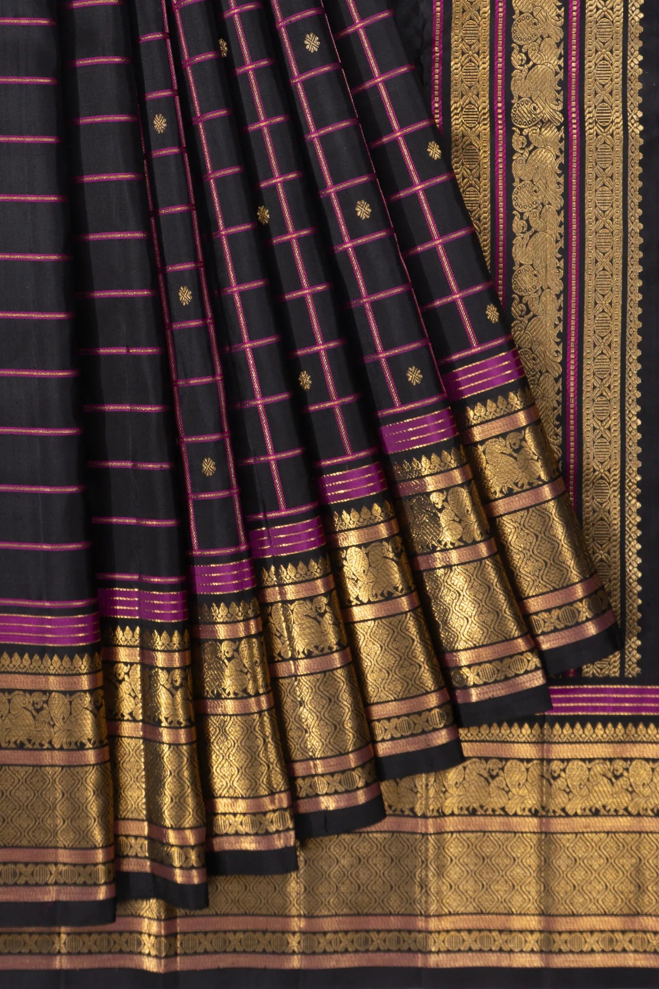 Classic Kanchipuram Silk Checks And Butta Black Saree