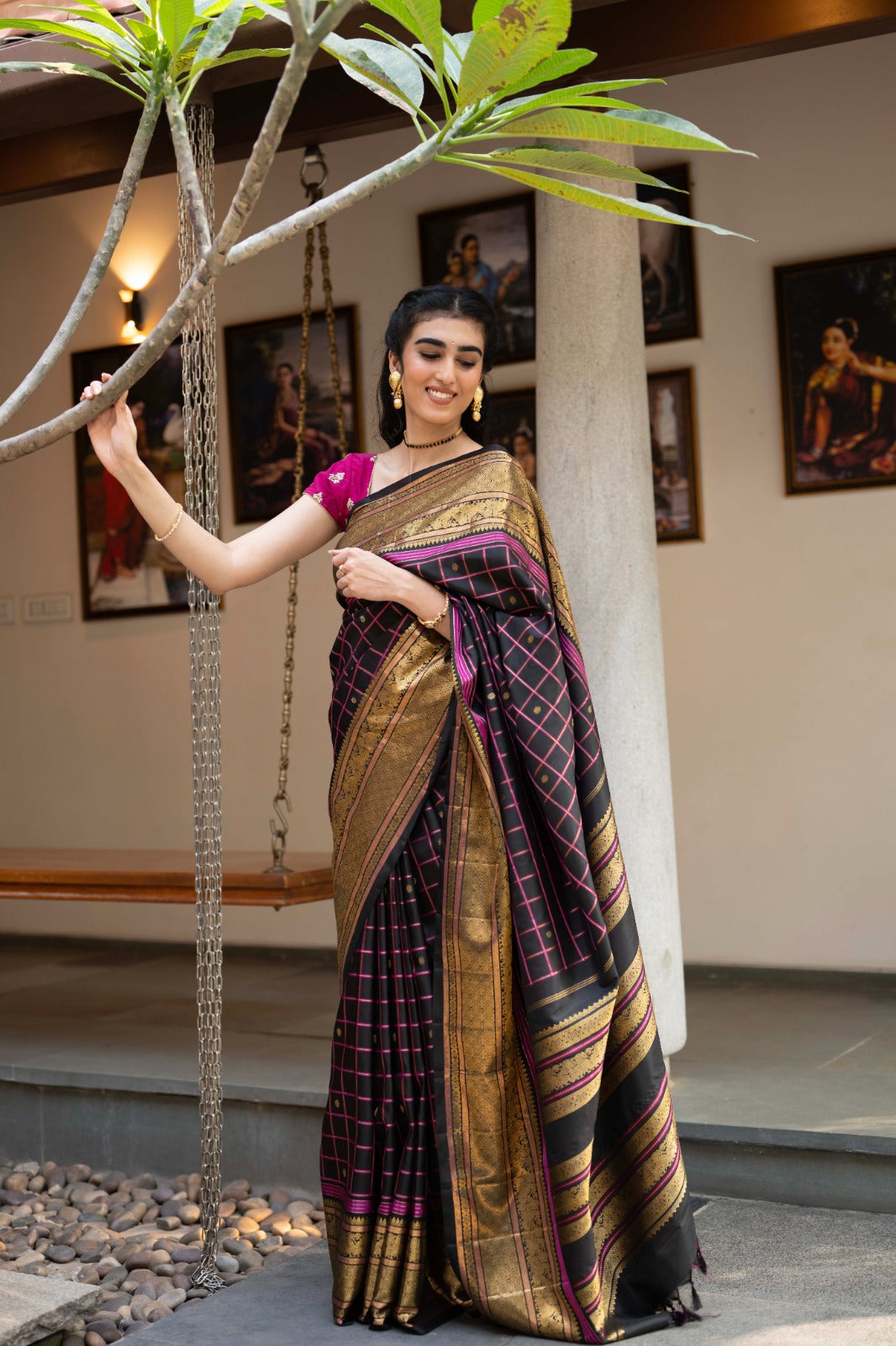 Classic Kanchipuram Silk Checks And Butta Black Saree