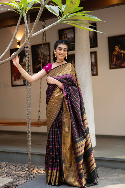 Classic Kanchipuram Silk Checks And Butta Black Saree