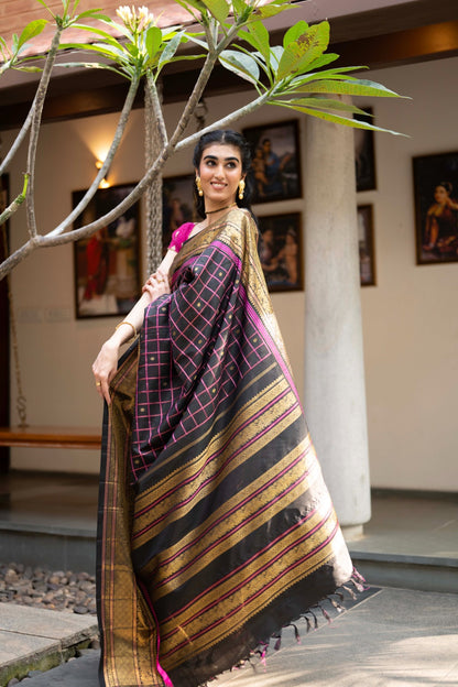 Classic Kanchipuram Silk Checks And Butta Black Saree