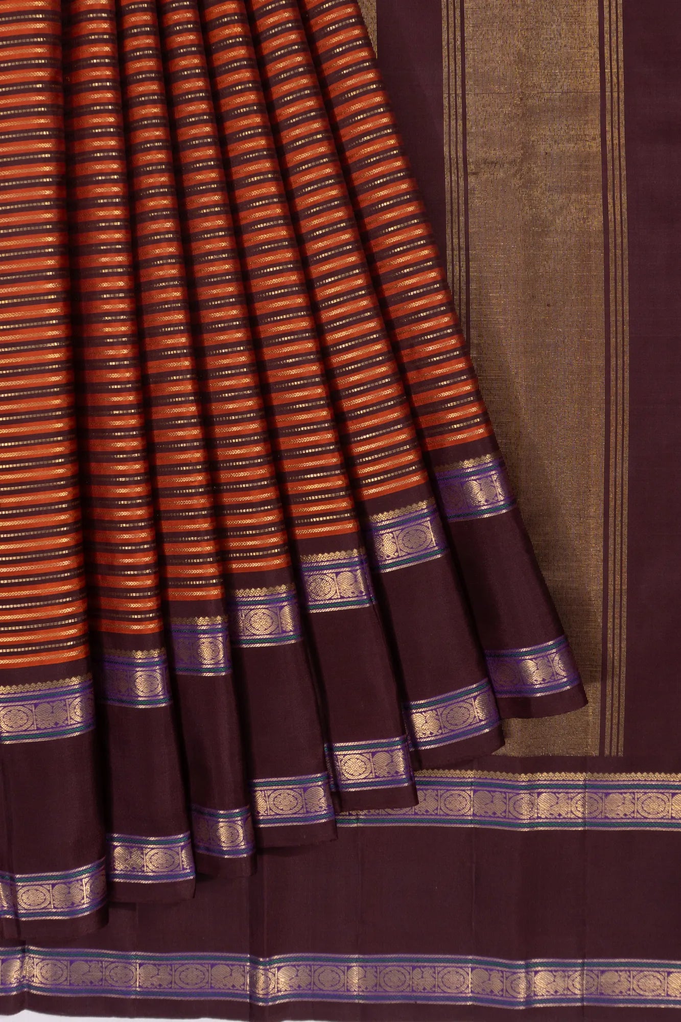 Classic Kanchipuram Silk Lines Rust Orange And Maroon Saree