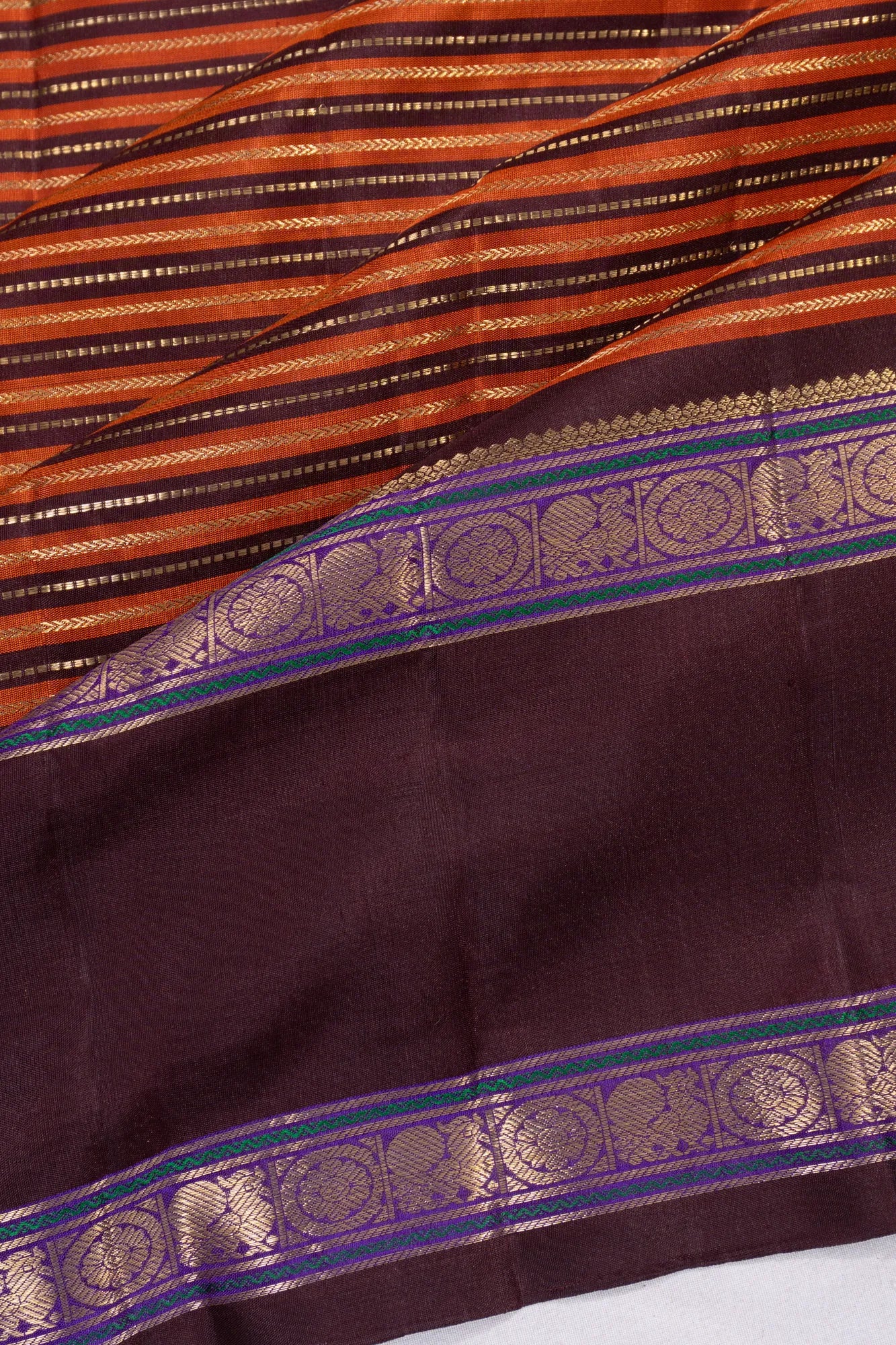 Classic Kanchipuram Silk Lines Rust Orange And Maroon Saree
