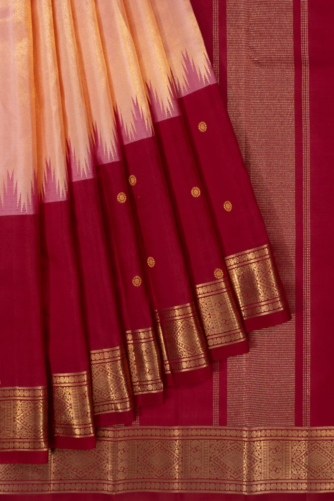 Classic Kanchipuram Silk Tissue Plain Peach Saree With Big Temple Border