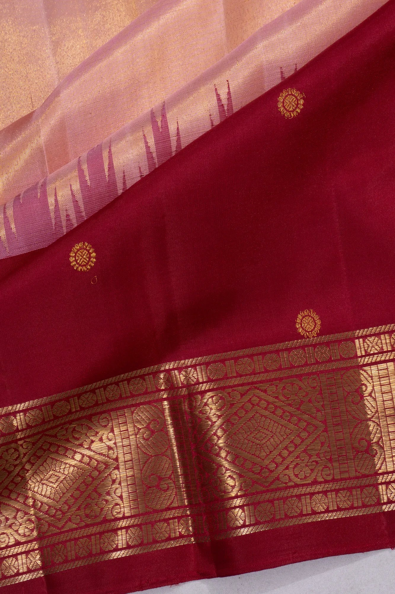 Classic Kanchipuram Silk Tissue Plain Peach Saree With Big Temple Border