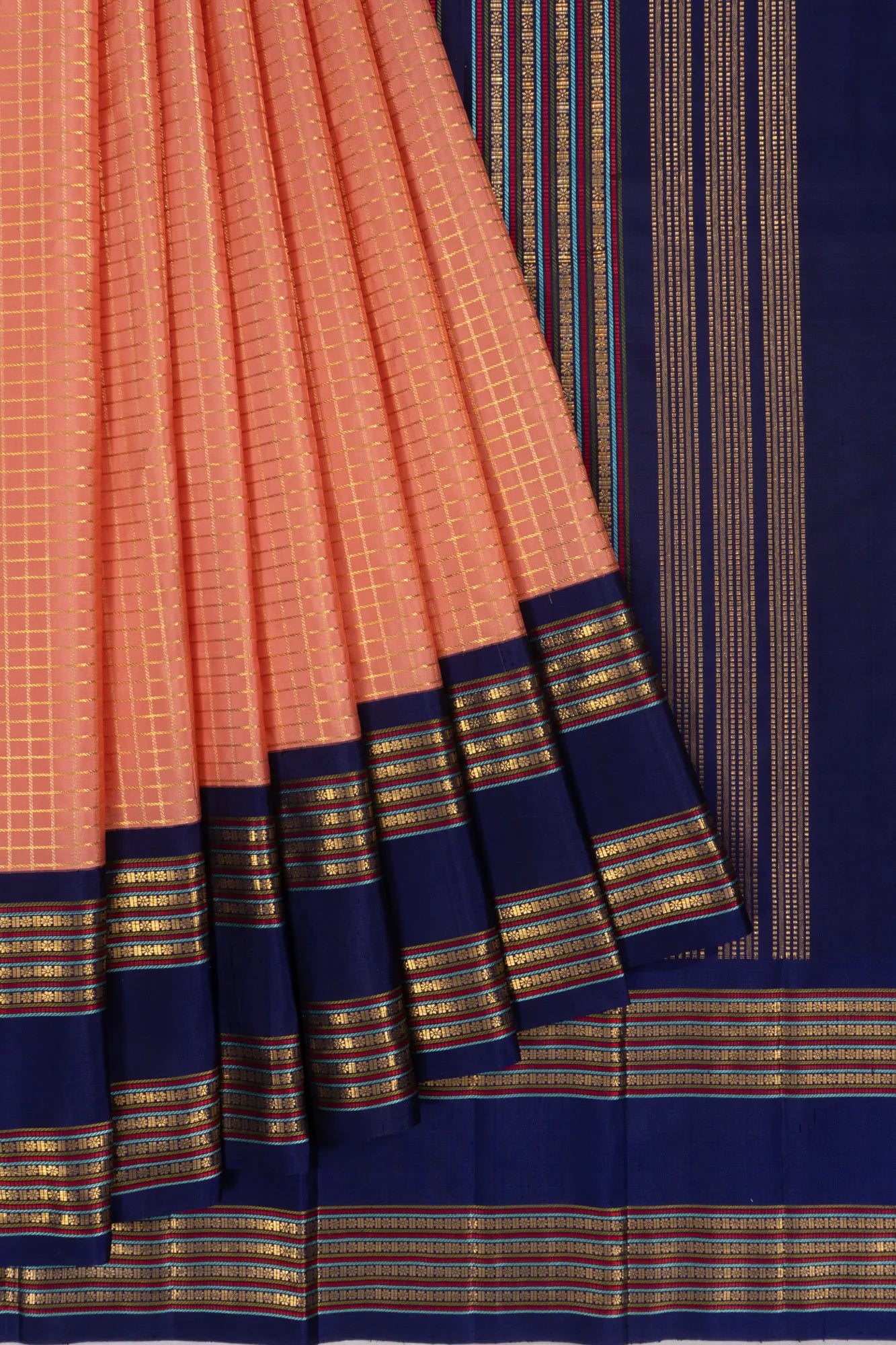 Classic Kanchipuram Silk Checks Orange Saree With Rettai Pettu Border