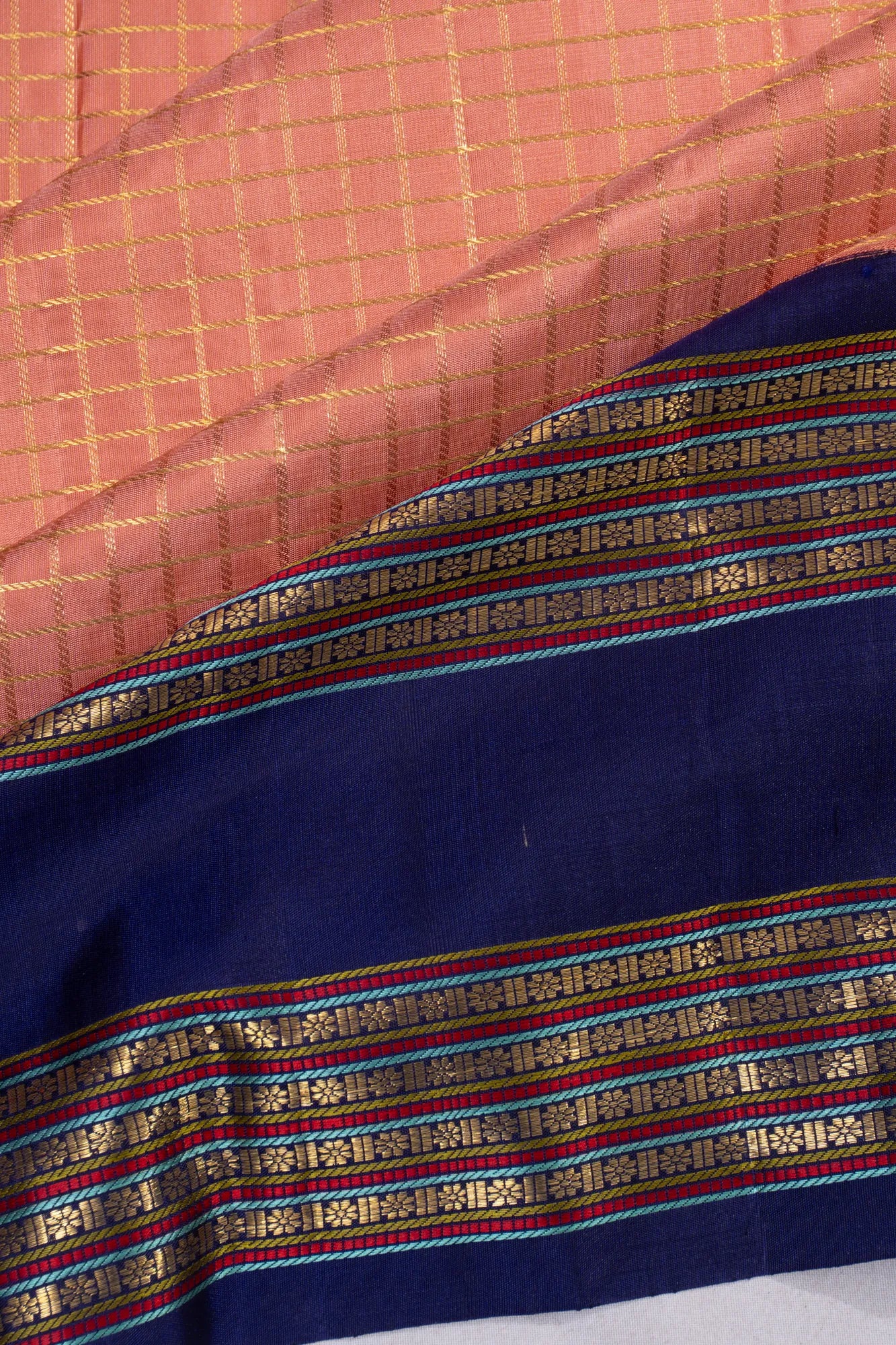 Classic Kanchipuram Silk Checks Orange Saree With Rettai Pettu Border