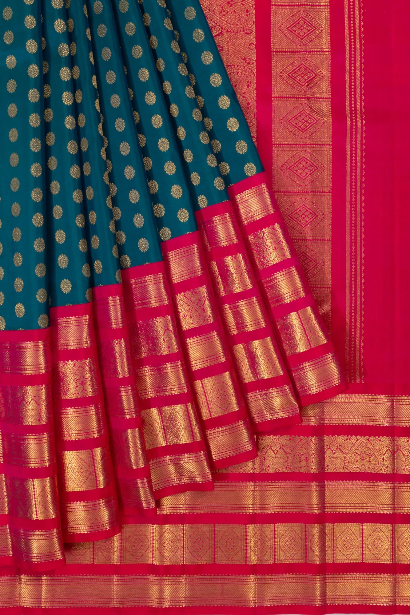 Classic Kanchipuram Silk Brocade Teal Green Saree With Big Border
