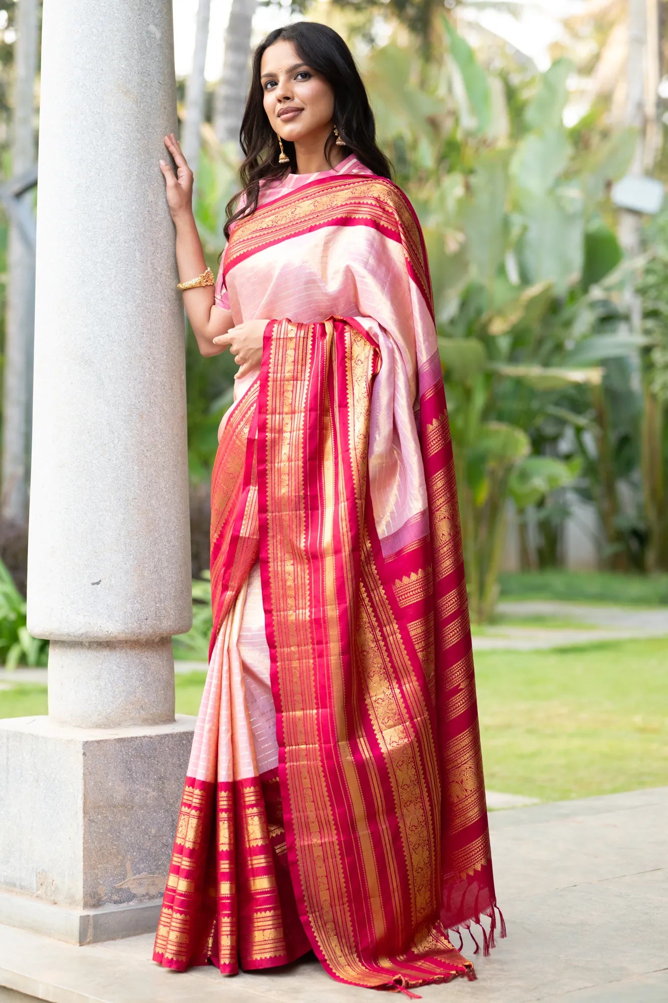Kanchipuram Silk Tissue Lines Baby Pink Saree