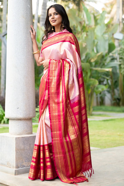Kanchipuram Silk Tissue Lines Baby Pink Saree
