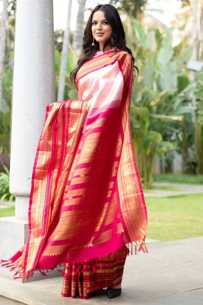 Kanchipuram Silk Tissue Lines Baby Pink Saree