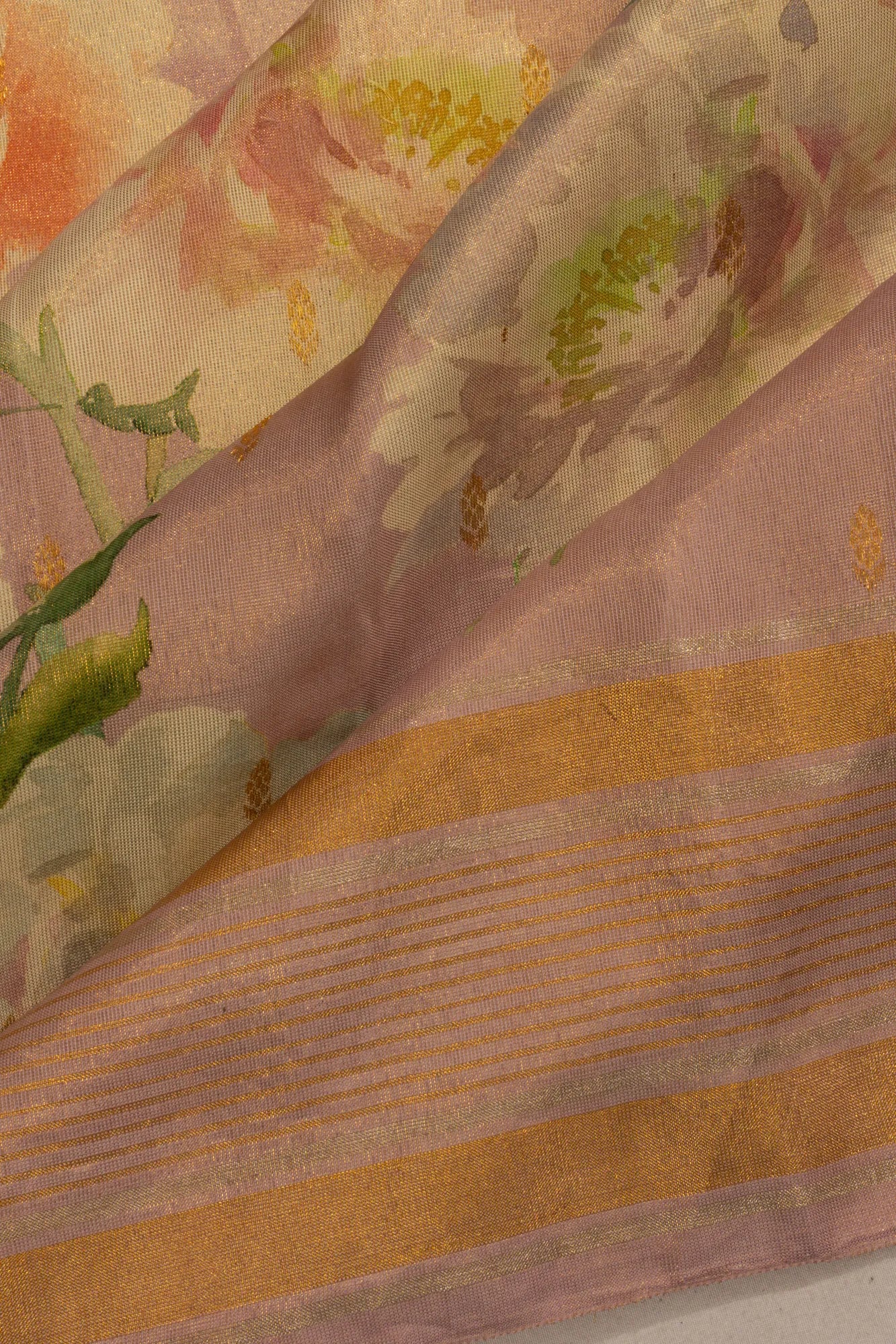 Kanchipuram Silk Tissue Butta And Floral Printed Pink Saree