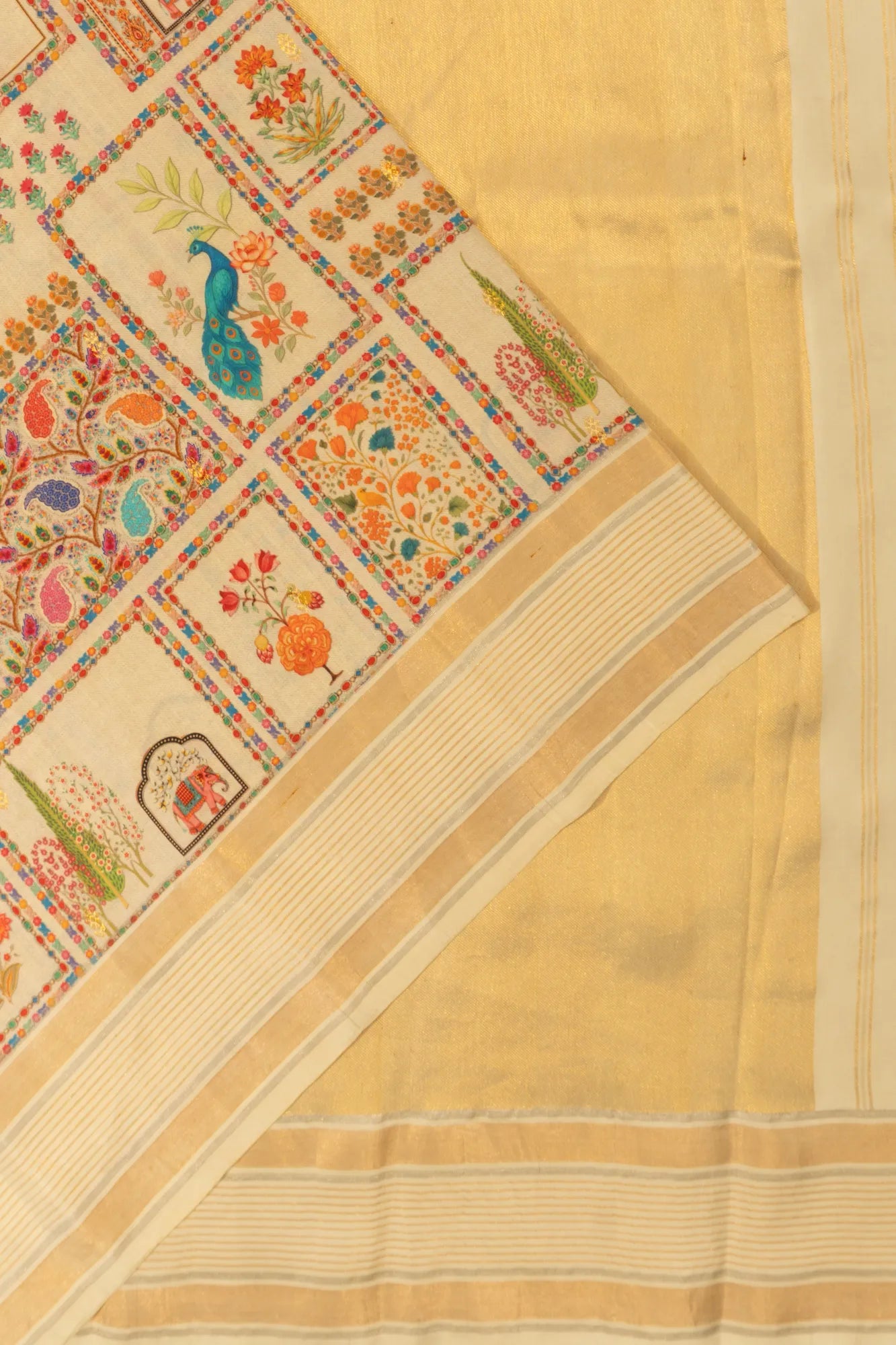 Kanchipuram Silk Printed Cream Saree