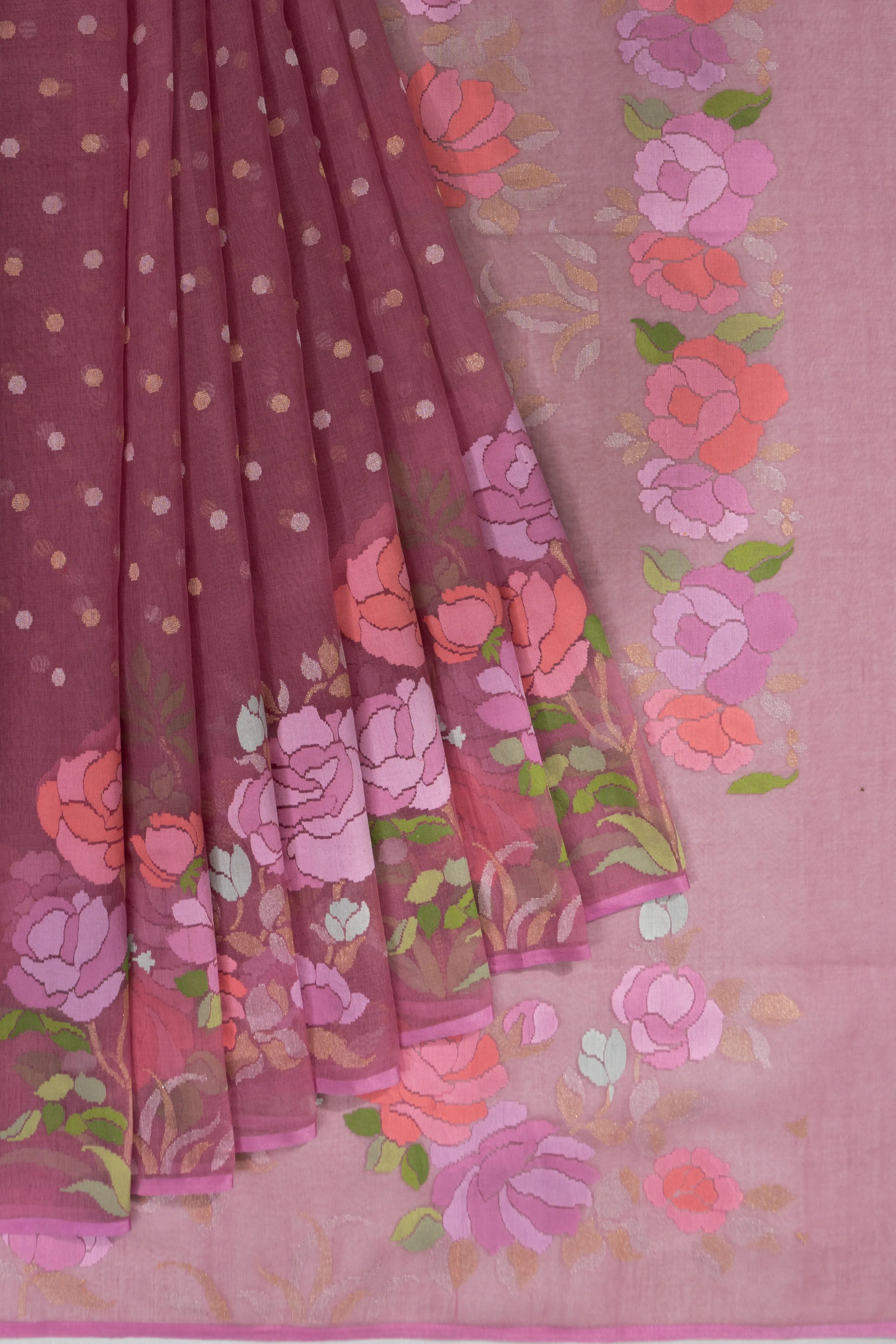 Banarasi Kora Organza Jamdani Butta Pink Saree