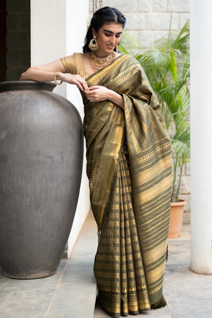 Classic Kanchipuram Silk Lines Mehendi Green Saree