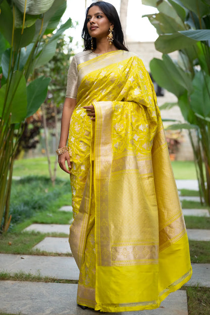Banarasi Silk Brocade Lemon Yellow Saree