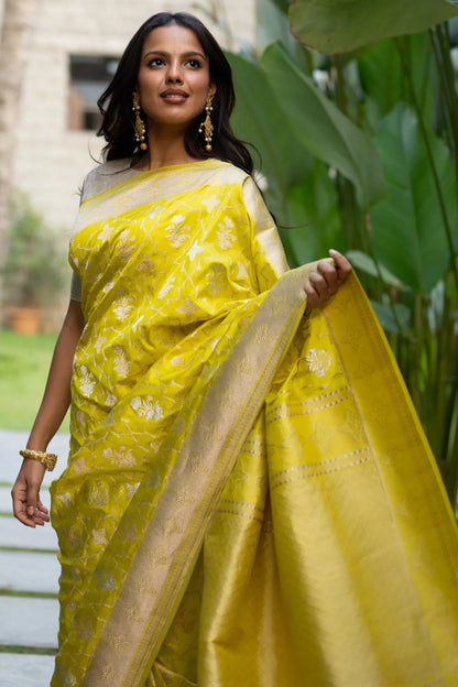 Banarasi Silk Brocade Lemon Yellow Saree