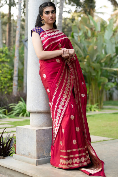 Banarasi Silk Kadwa Butta Maroon Saree